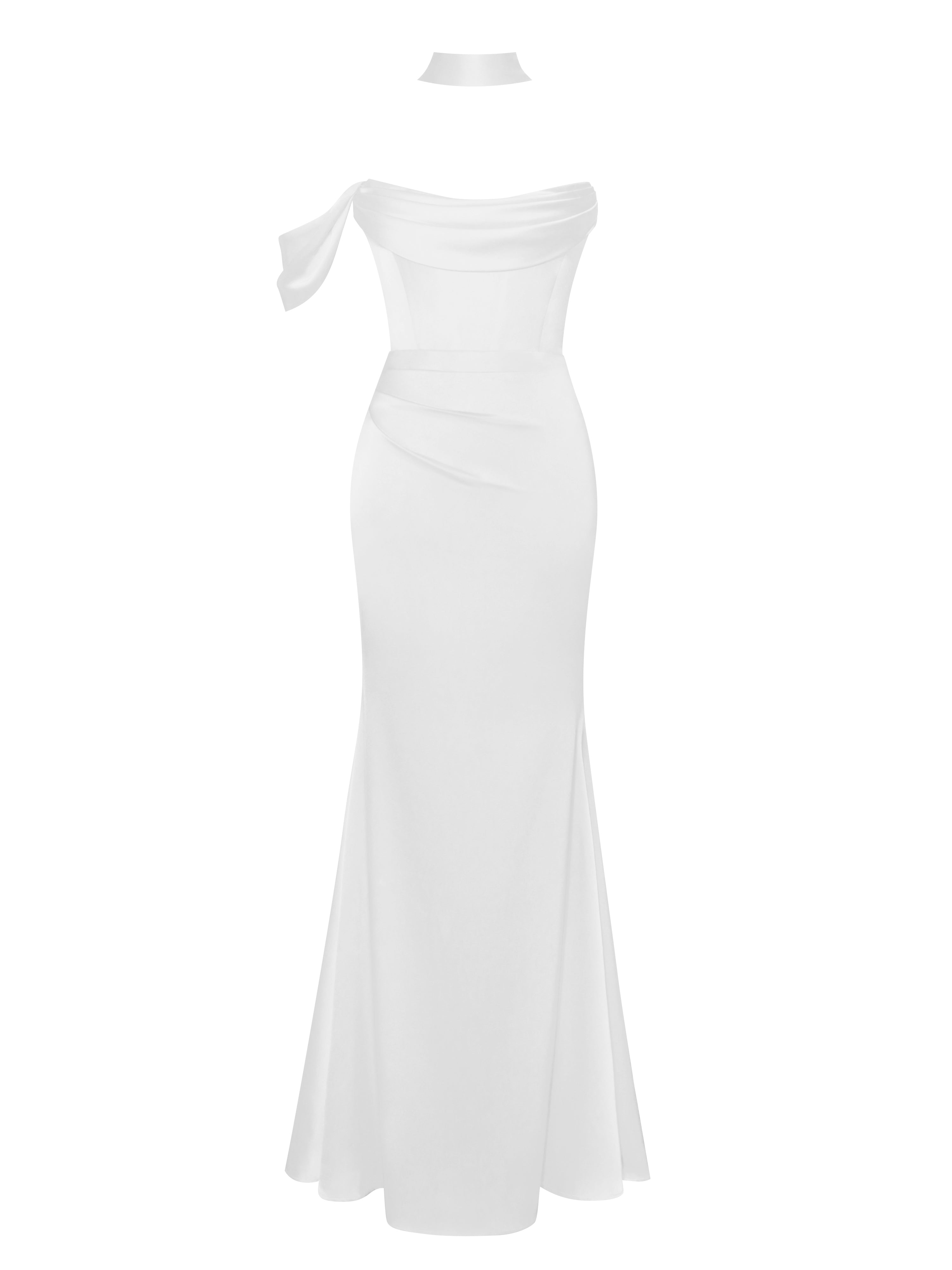 Ivona White Halter Neck Double Duchess Satin Gown