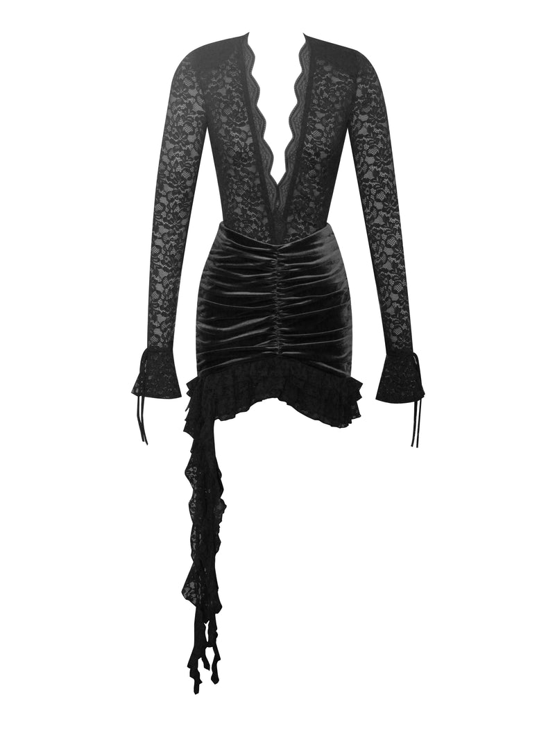 Nadina Black Lace Velvet Mini Dress