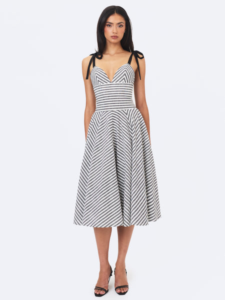 Miss Circle Women's Riley Black and White Striped Linen Flared Midi Dress