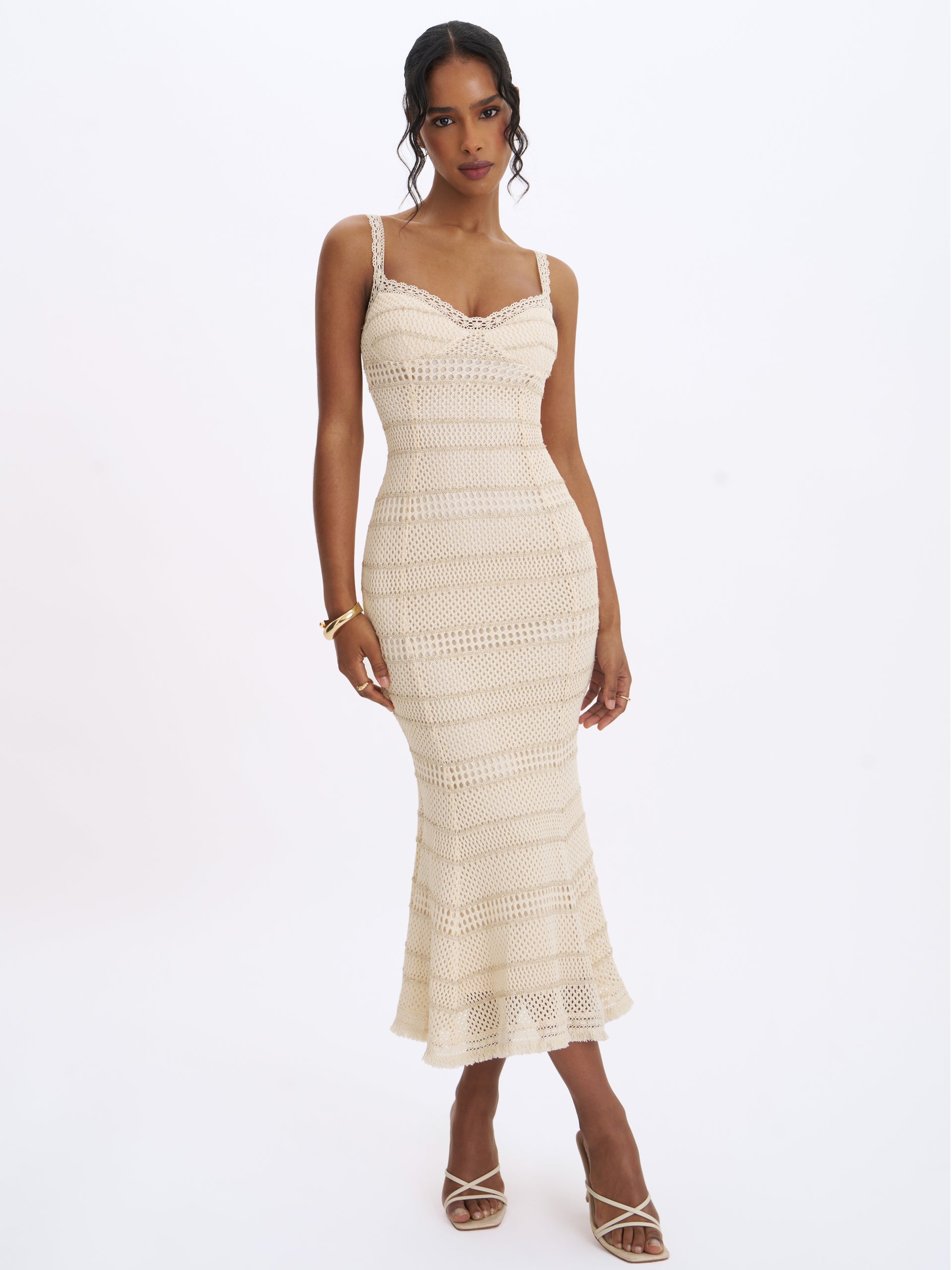 Xiomara Beige & Gold Stripe Crochet Knit Mermaid Midi Dress