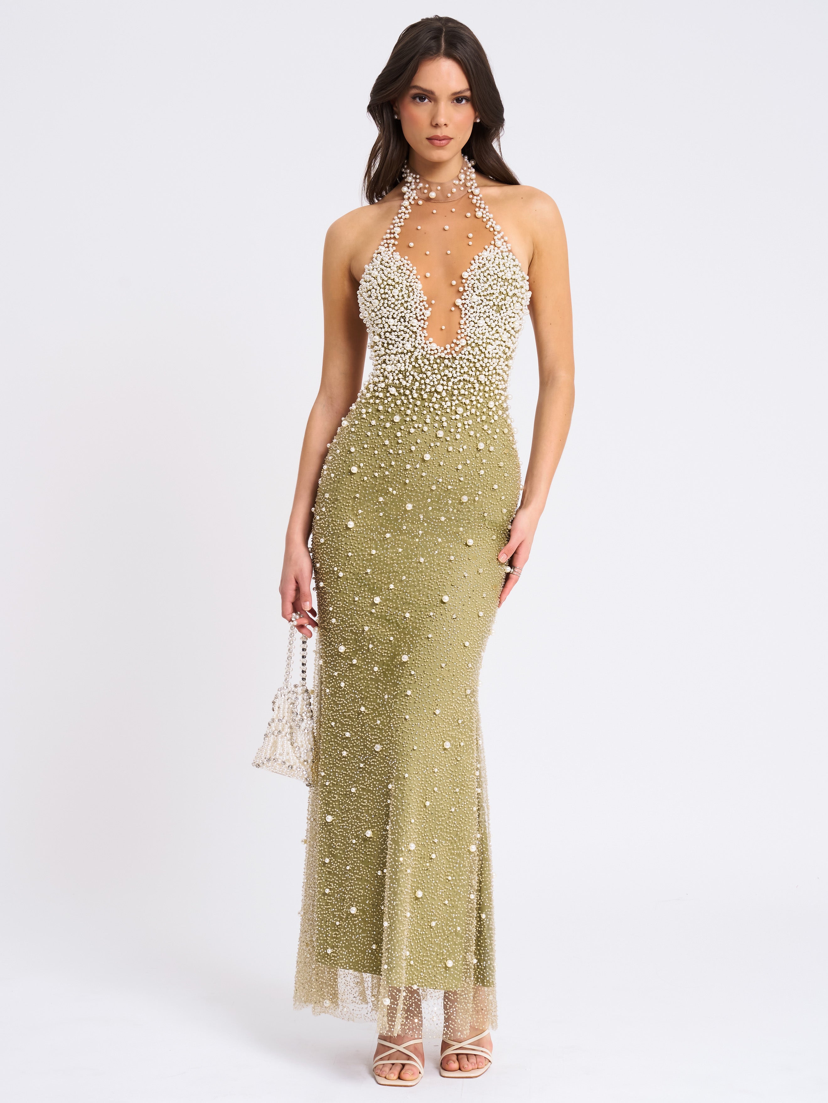 Ginny Pear Green Pearl Embellished Backless Gown