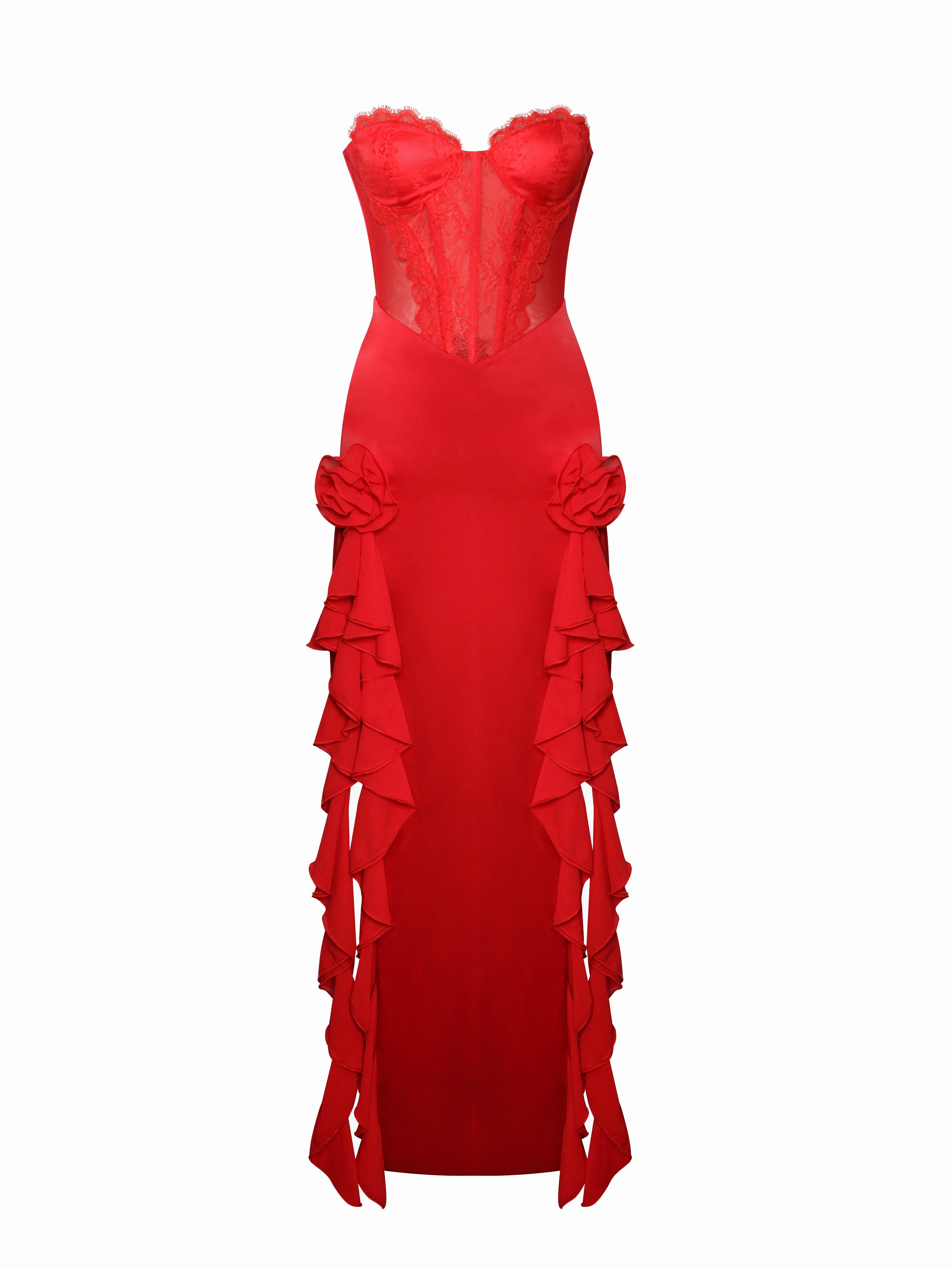 Talia Red Satin Lace Corset Maxi Dress