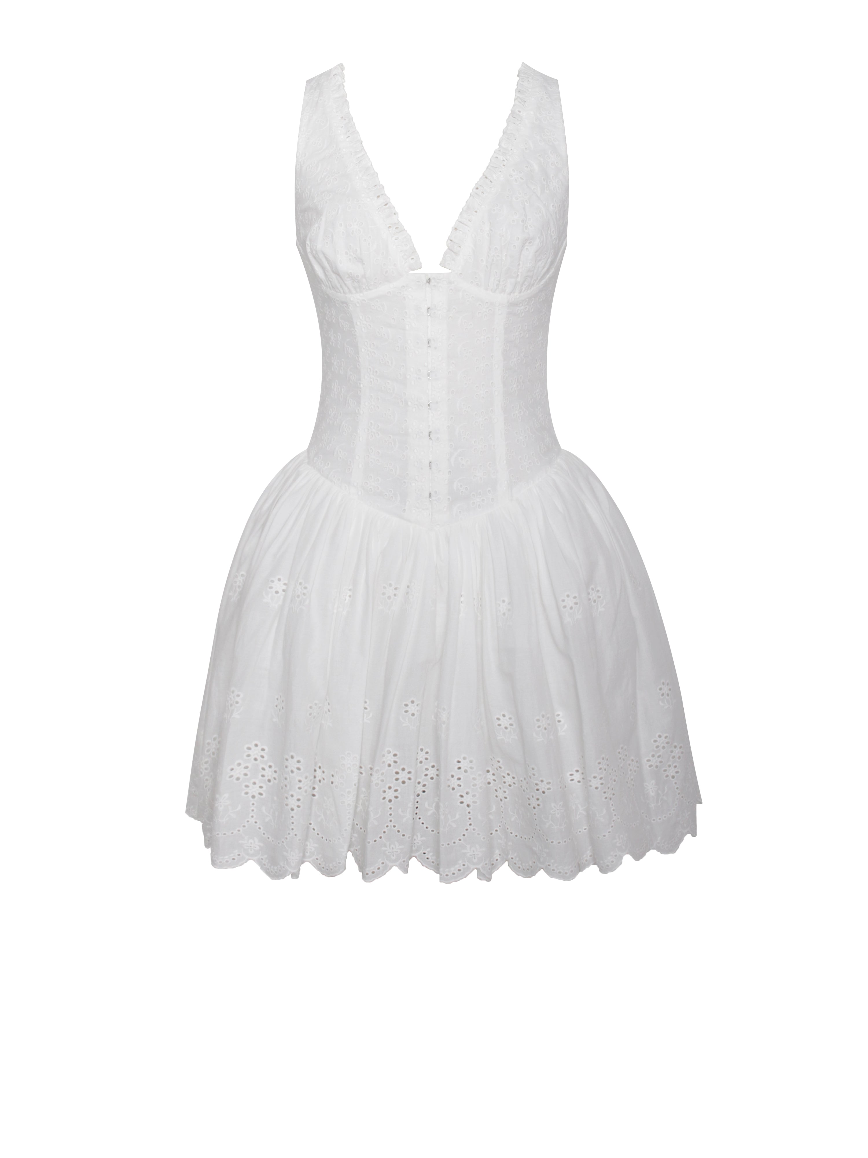 Aaliyah White Eyelet Plunging Halter Drop Waist Mini Dress