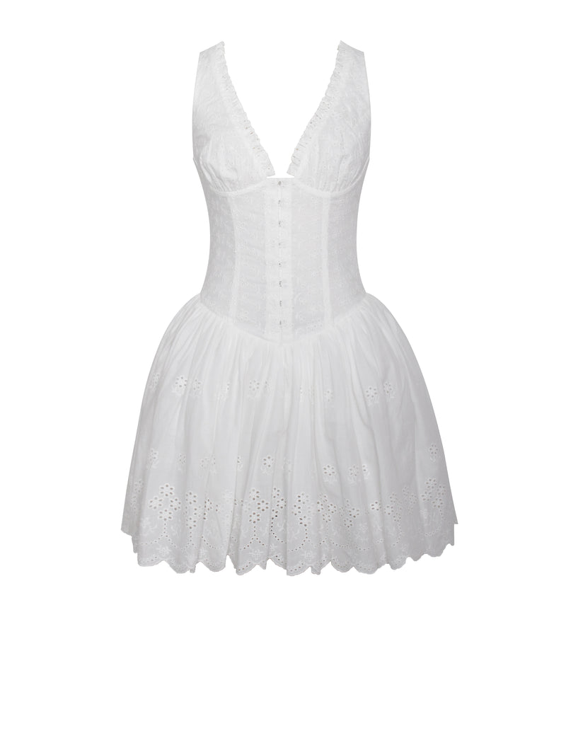 Aaliyah White Eyelet Plunging Halter Drop Waist Mini Dress