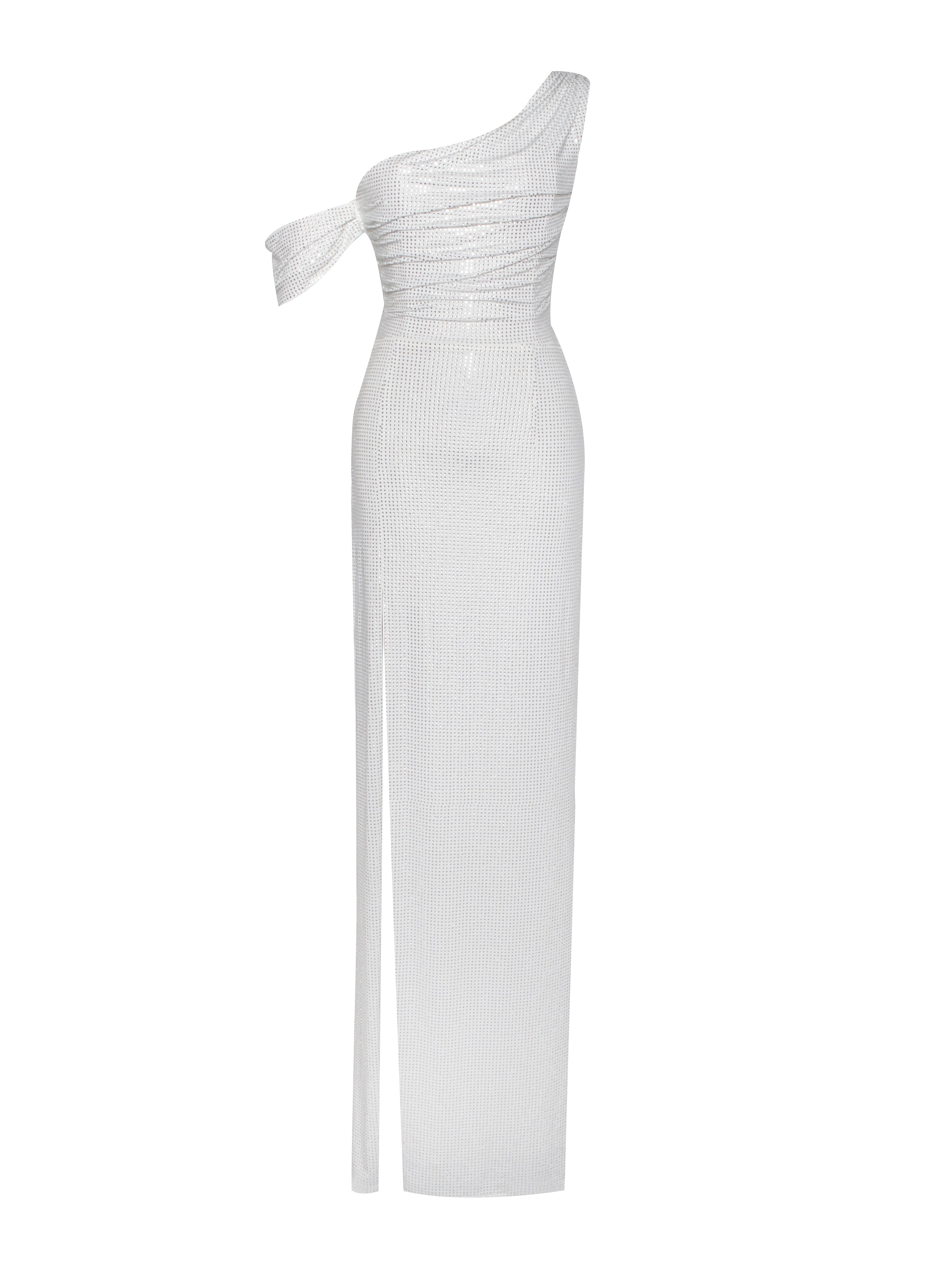 Paget White Mesh Rhinestone Embellished High Slit Gown