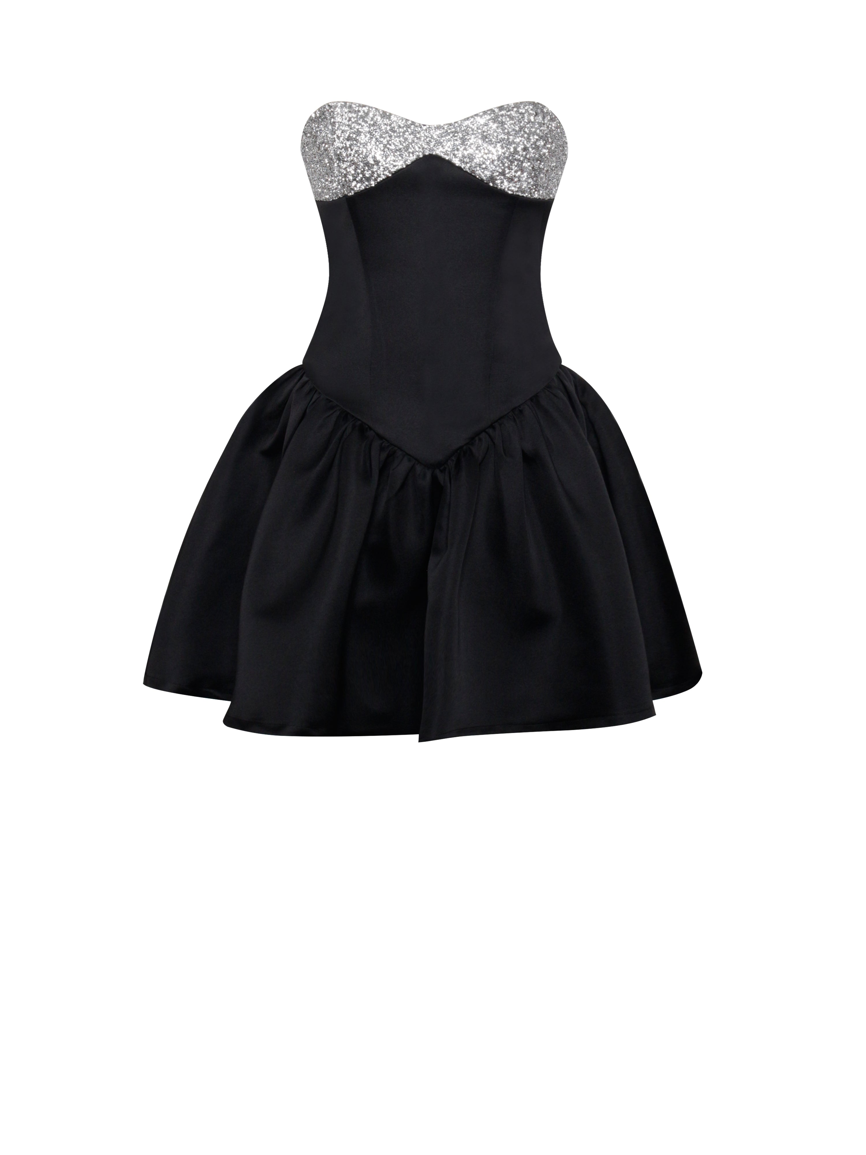 Silvia Black Satin Crystal Bustier A-Line Mini Dress