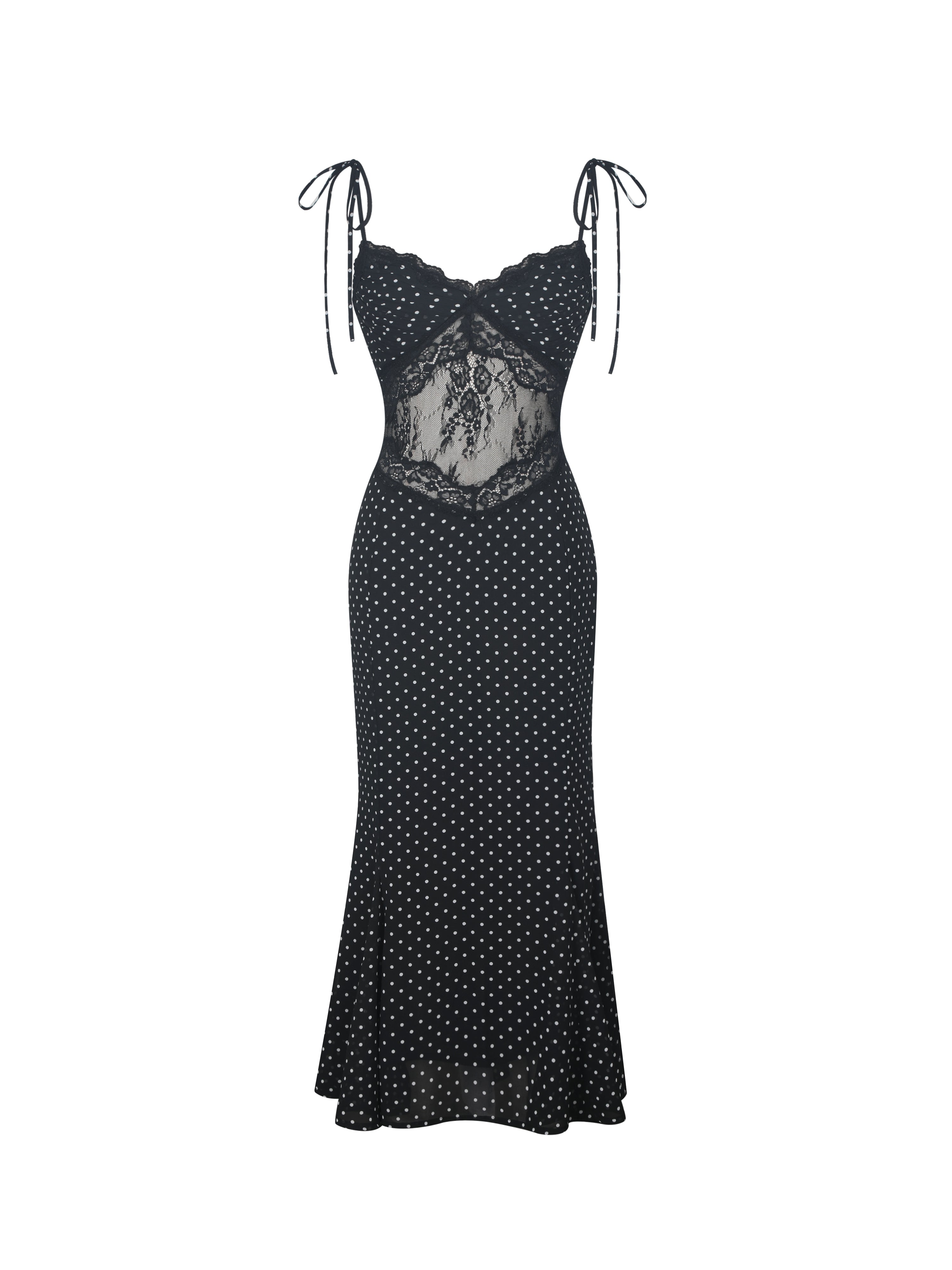 Zehra Black Polka Dot Chiffon Lace Cutout Mermaid Midi Dress