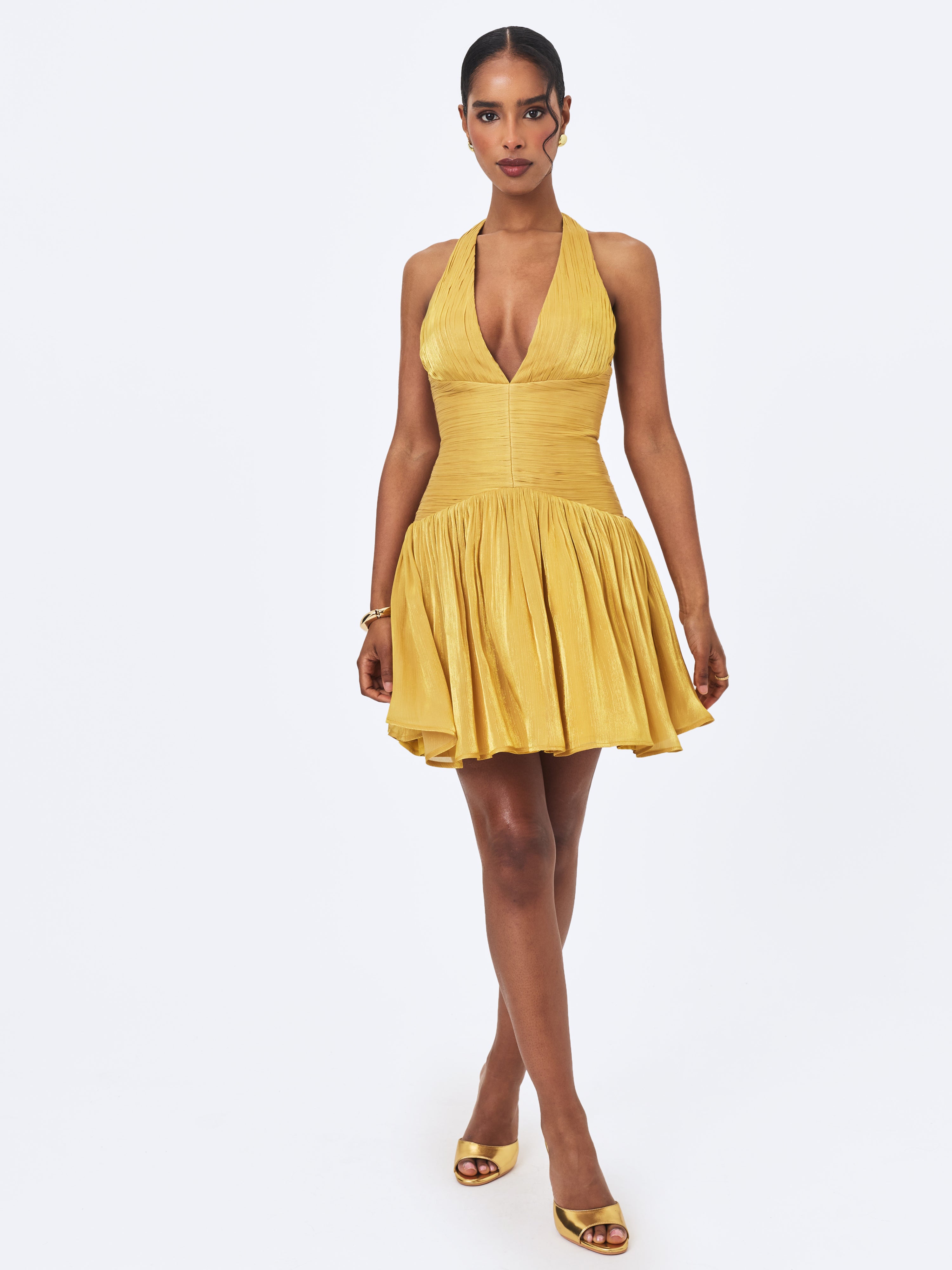 Xavia Gold Crystal Organza Plunging Halter Mini Dress