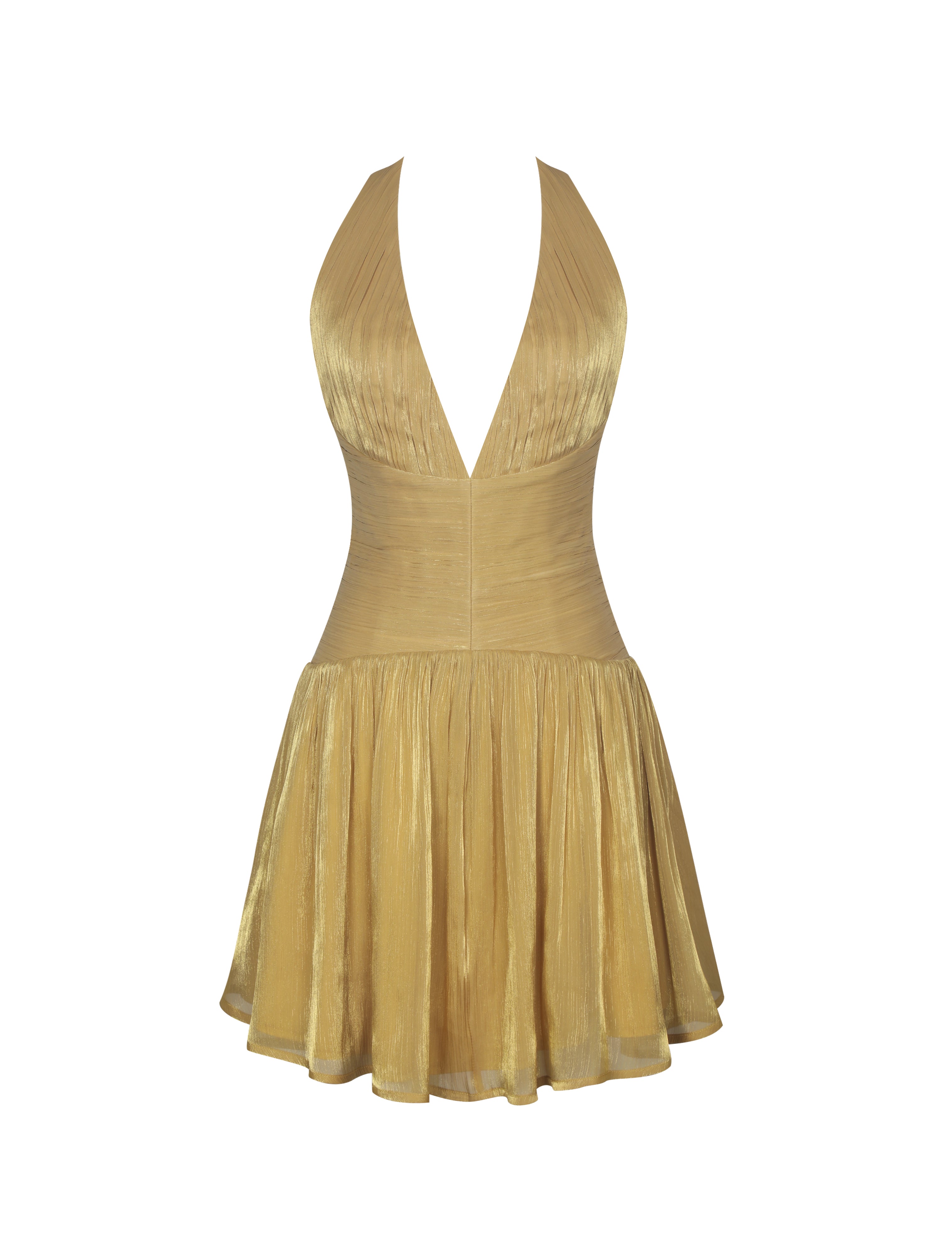 Xavia Gold Crystal Organza Plunging Halter Mini Dress