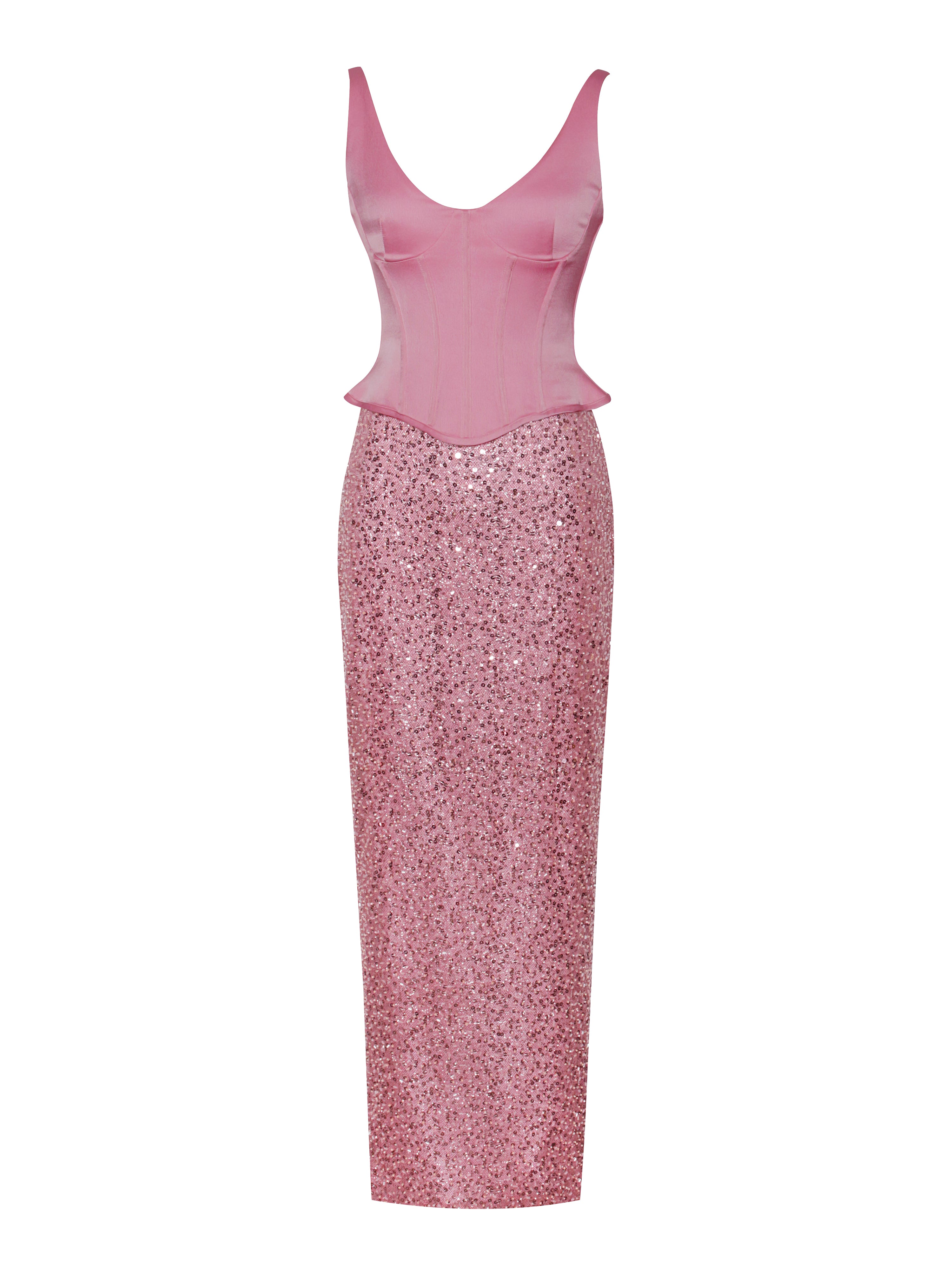 Juliana Pink Satin Peplum Corset Sequin Maxi Dress