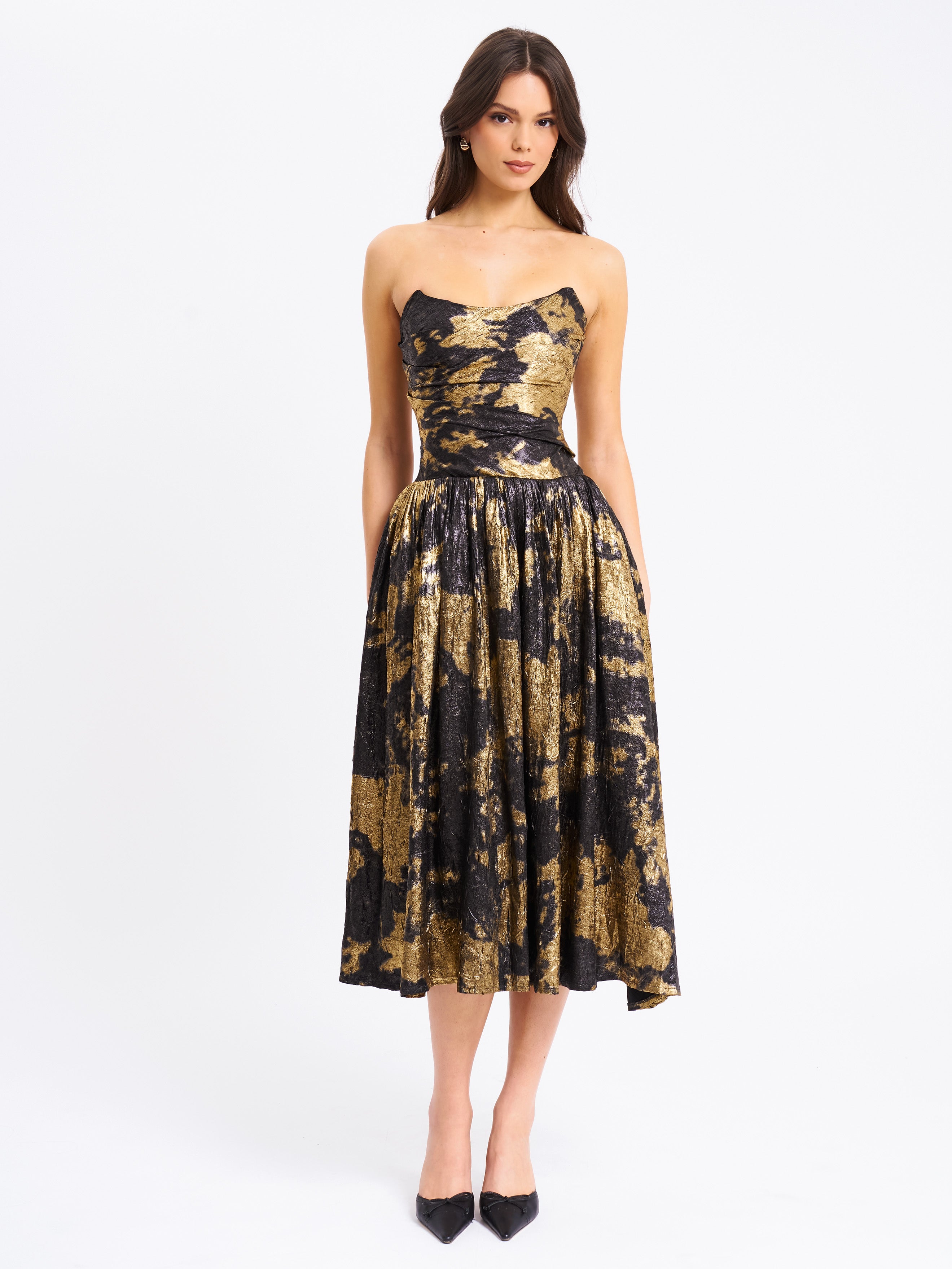 Saanvi Gold Tie Dye Bronzing Strapless Drop Waist Midi Dress