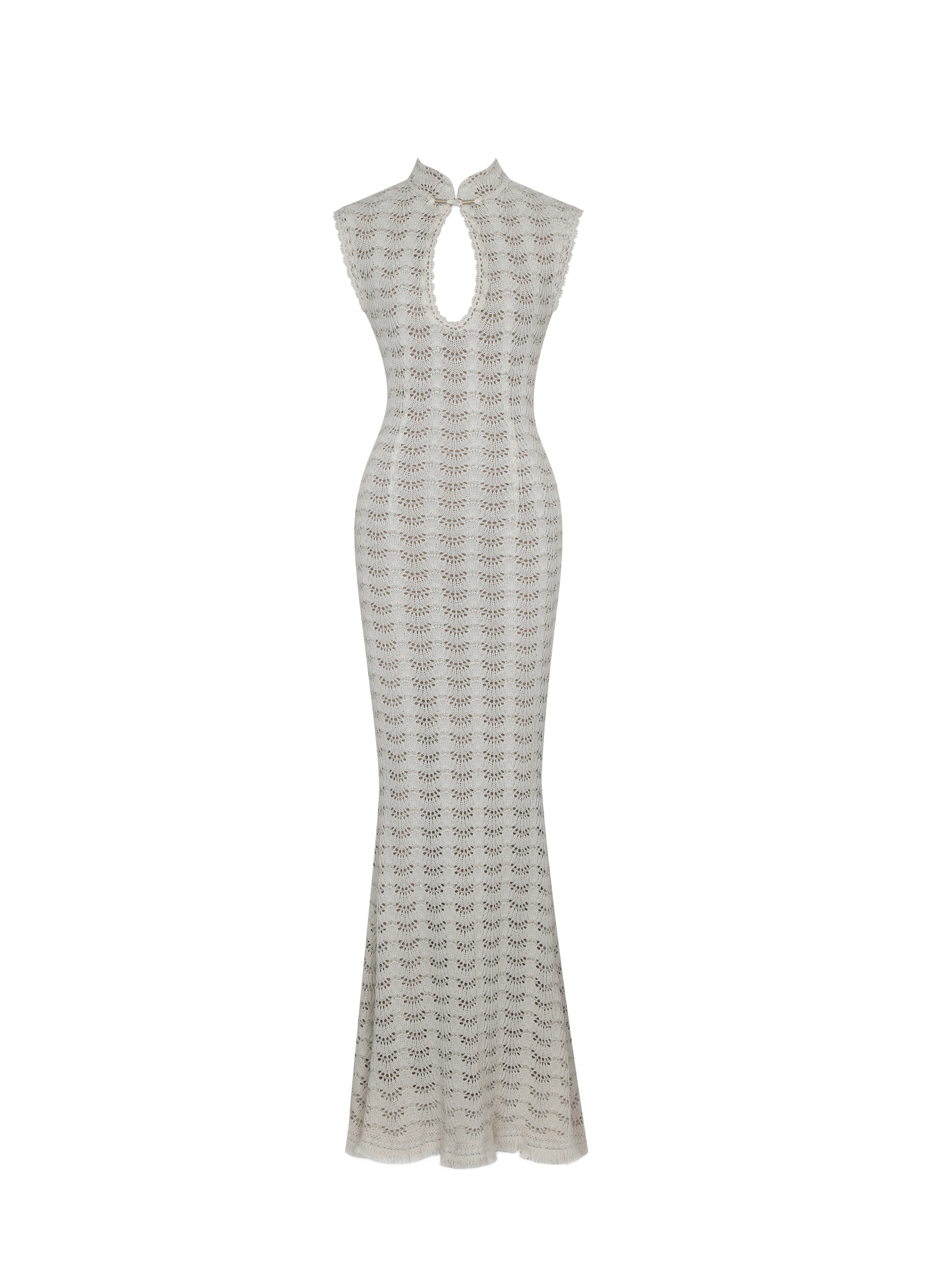 Xylona Beige & Gold Crochet Teardrop Neckline Mermaid Maxi Dress