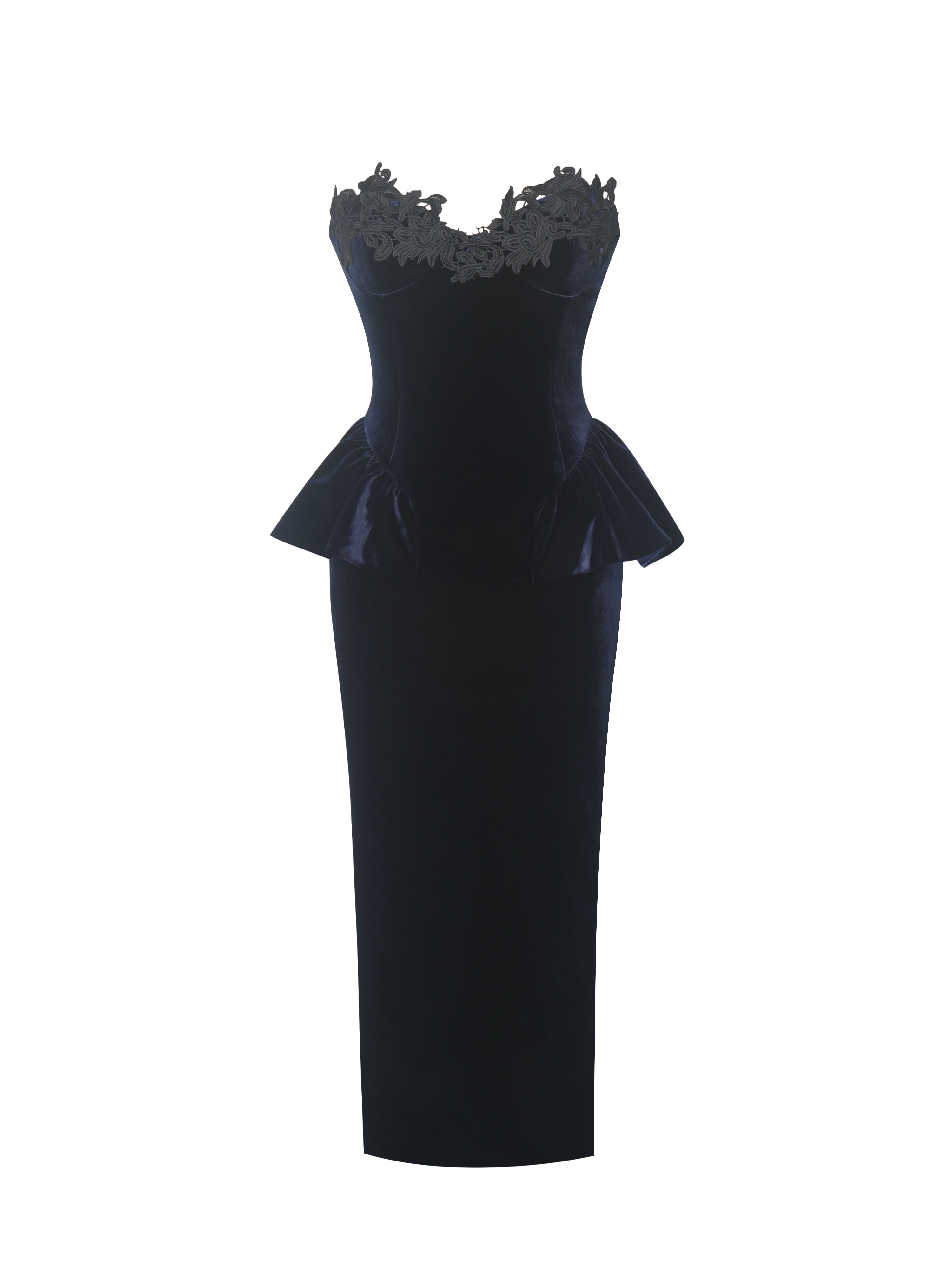 Pascha Black Lace Appliqué Strapless Peplum Midi Dress