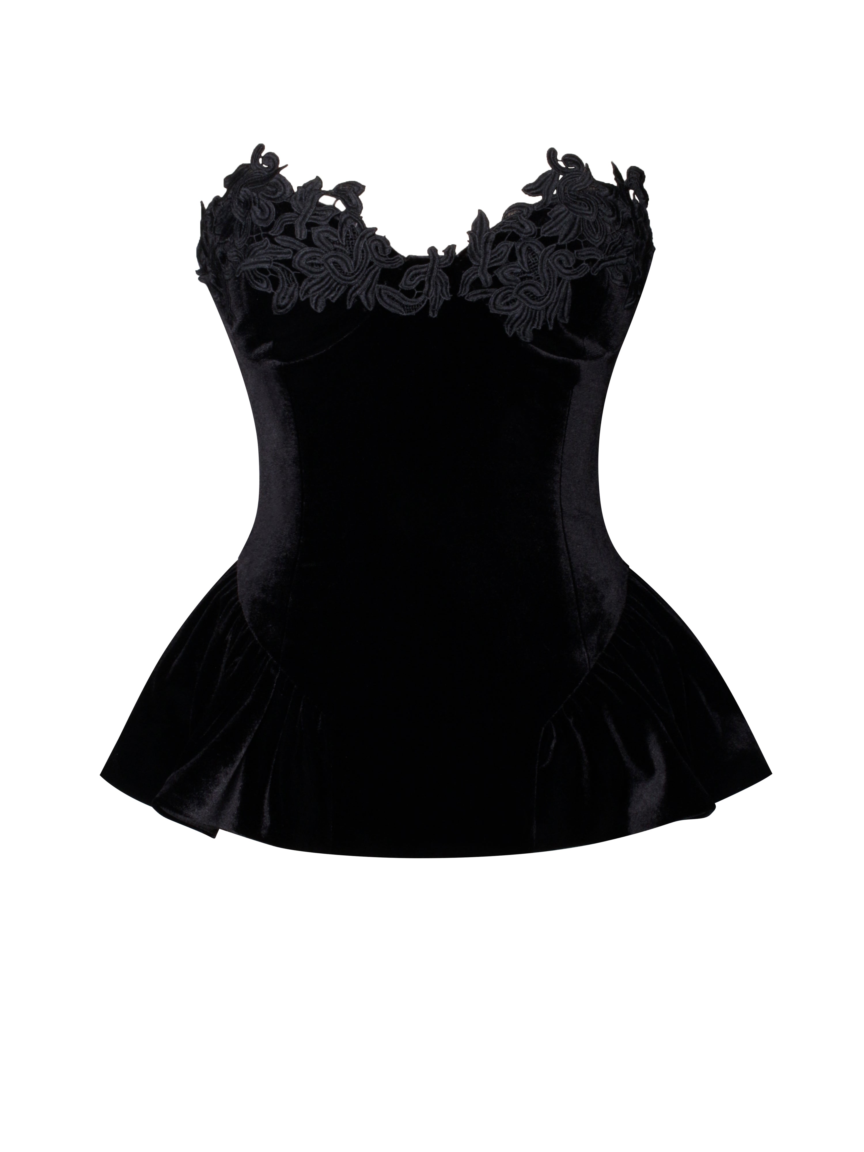 Qiara Black Velvet Peplum Top with Lace Trim