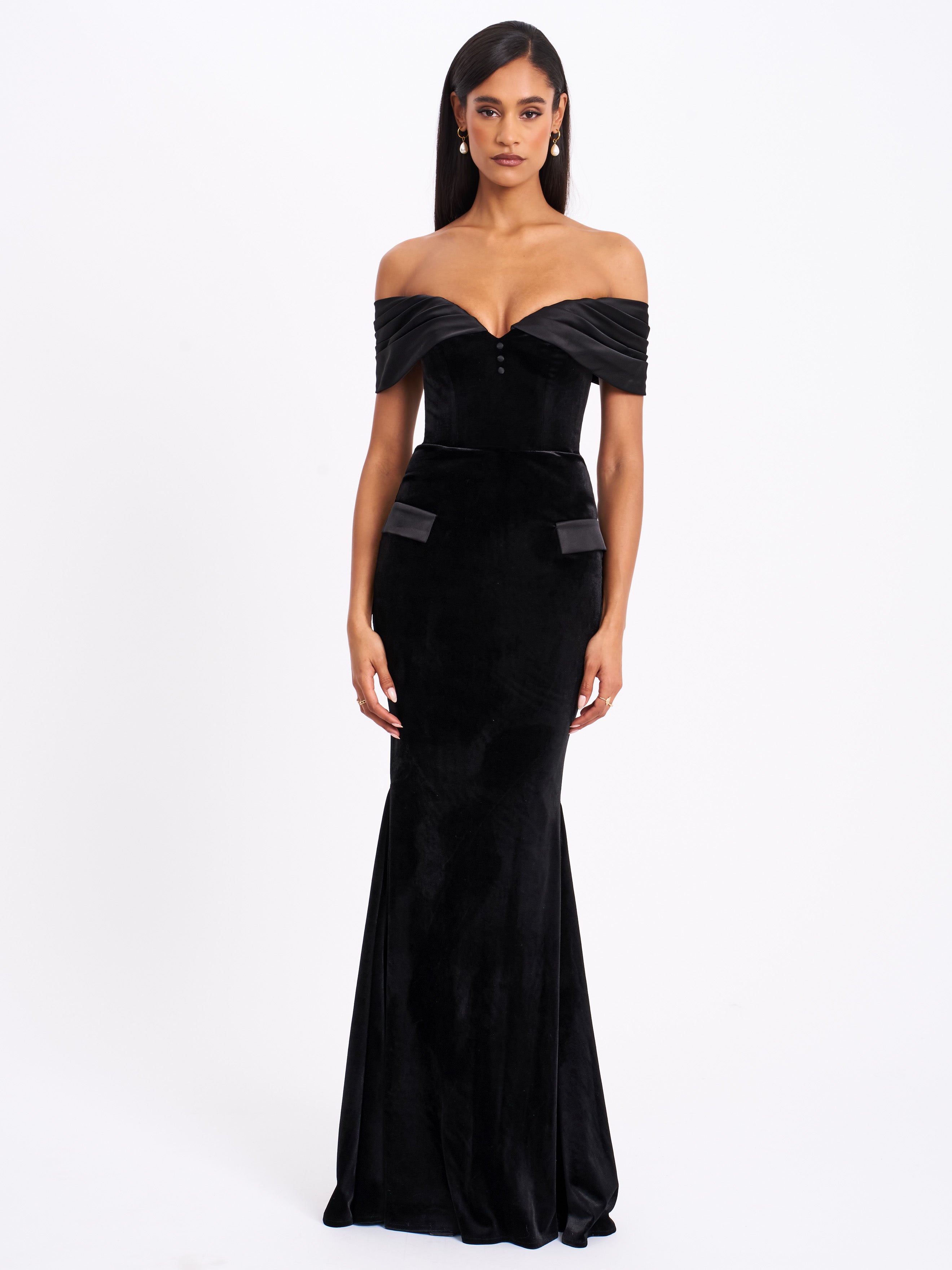 Qamra Black Velvet Off Shoulder Mermaid Maxi Dress