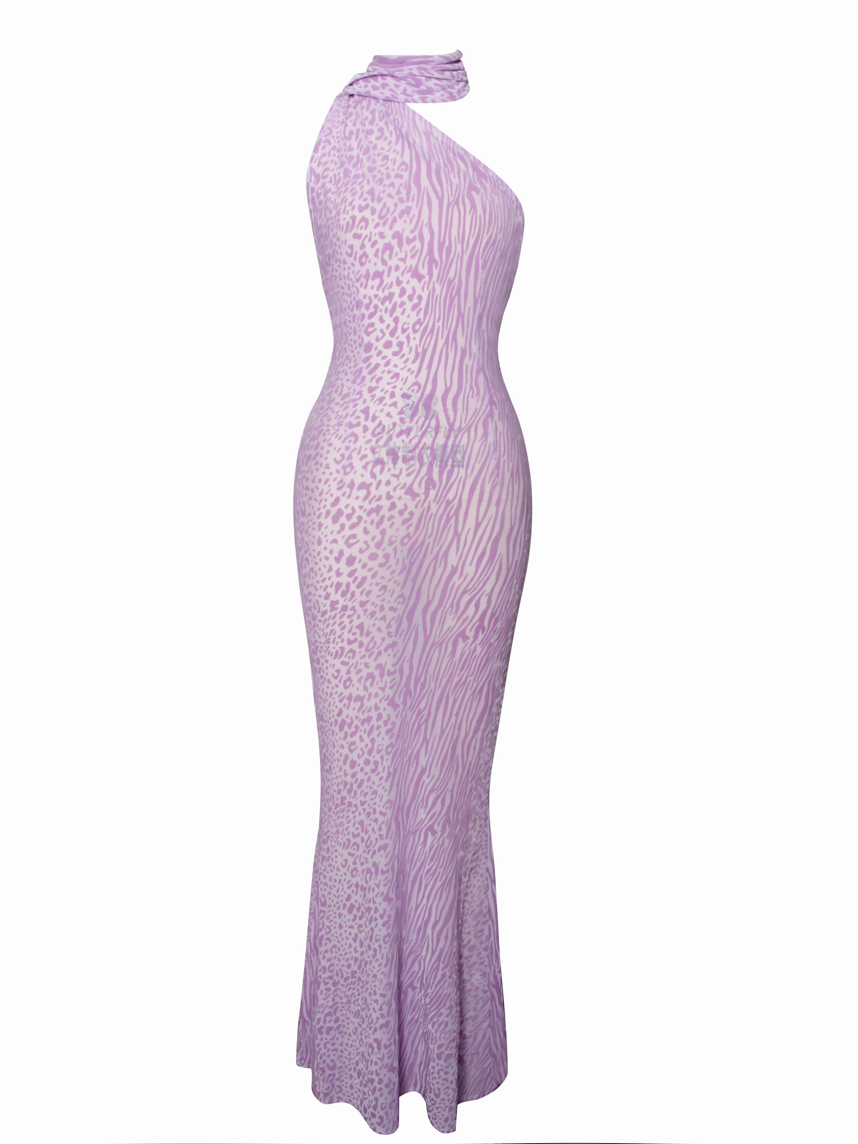 Olena Purple Burnout Velvet Animal Print Mesh Halter Neck Maxi Dress