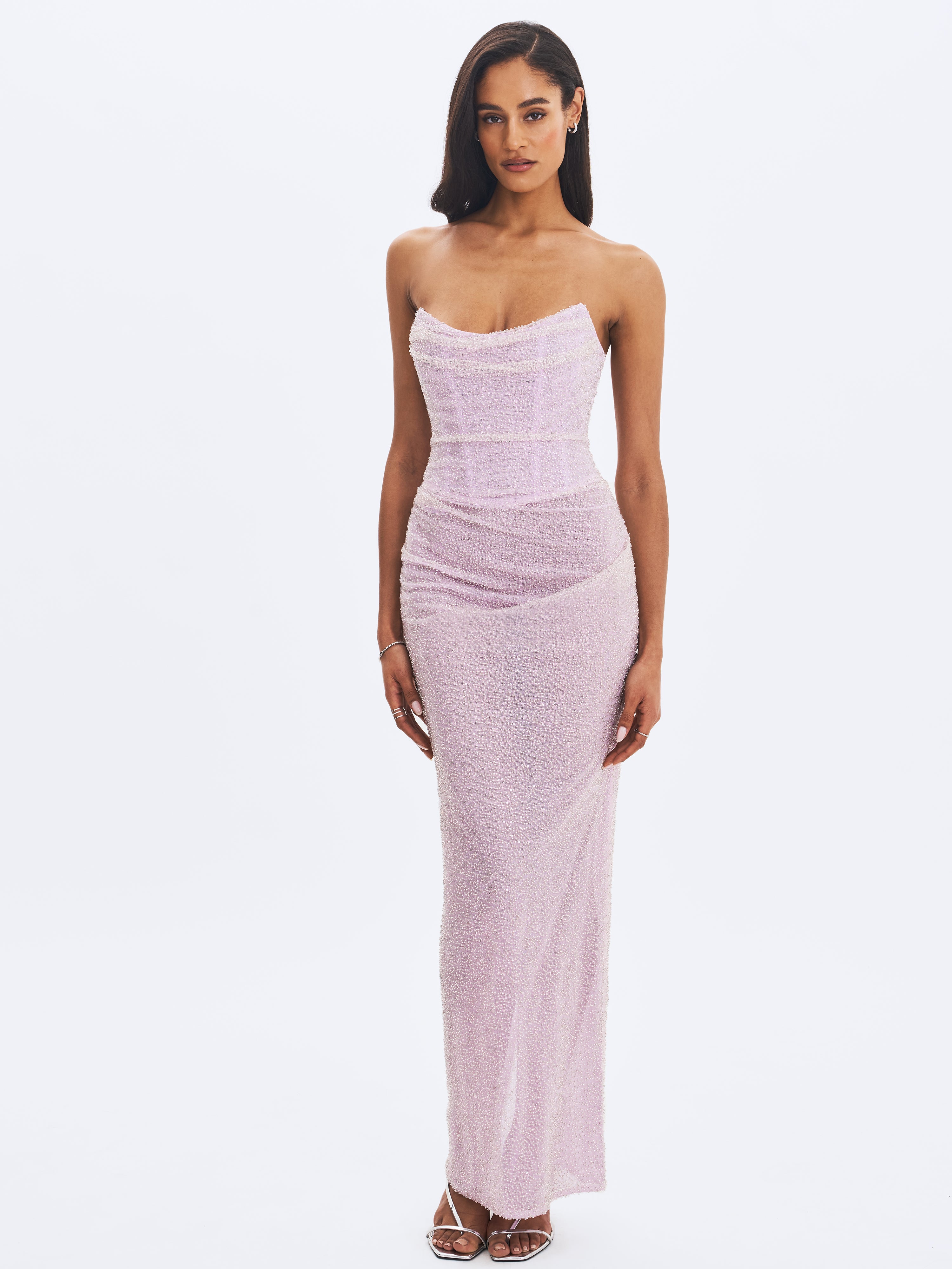 Miss Circle Women's Raylee Lilac Beaded Mesh Strapless Sheath Maxi Dress - Lilac Miss Circle Women's Raylee Lilac Beaded Mesh Strapless Sheath Maxi Dress - Lilac