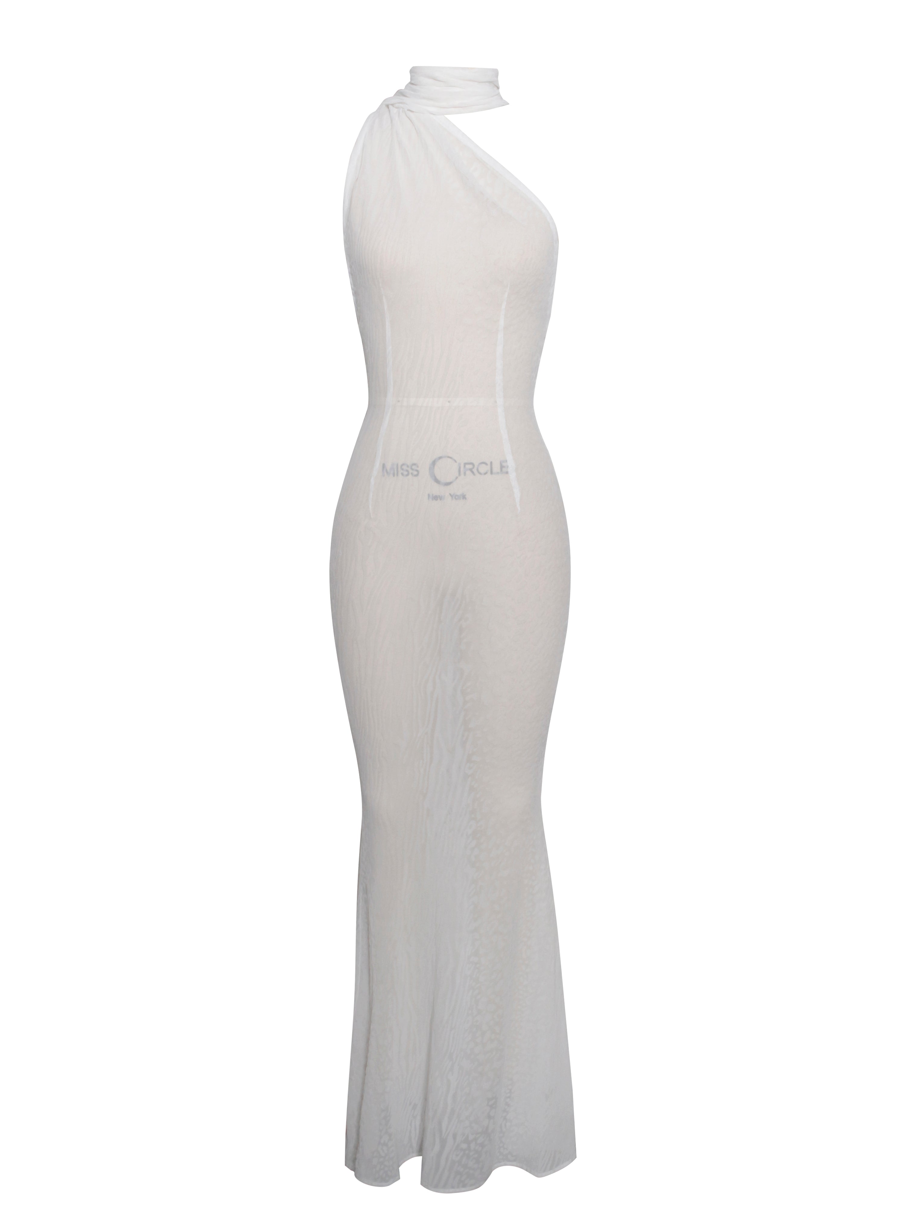 Olena White Burnout Velvet Animal Print Mesh Halter Neck Maxi Dress