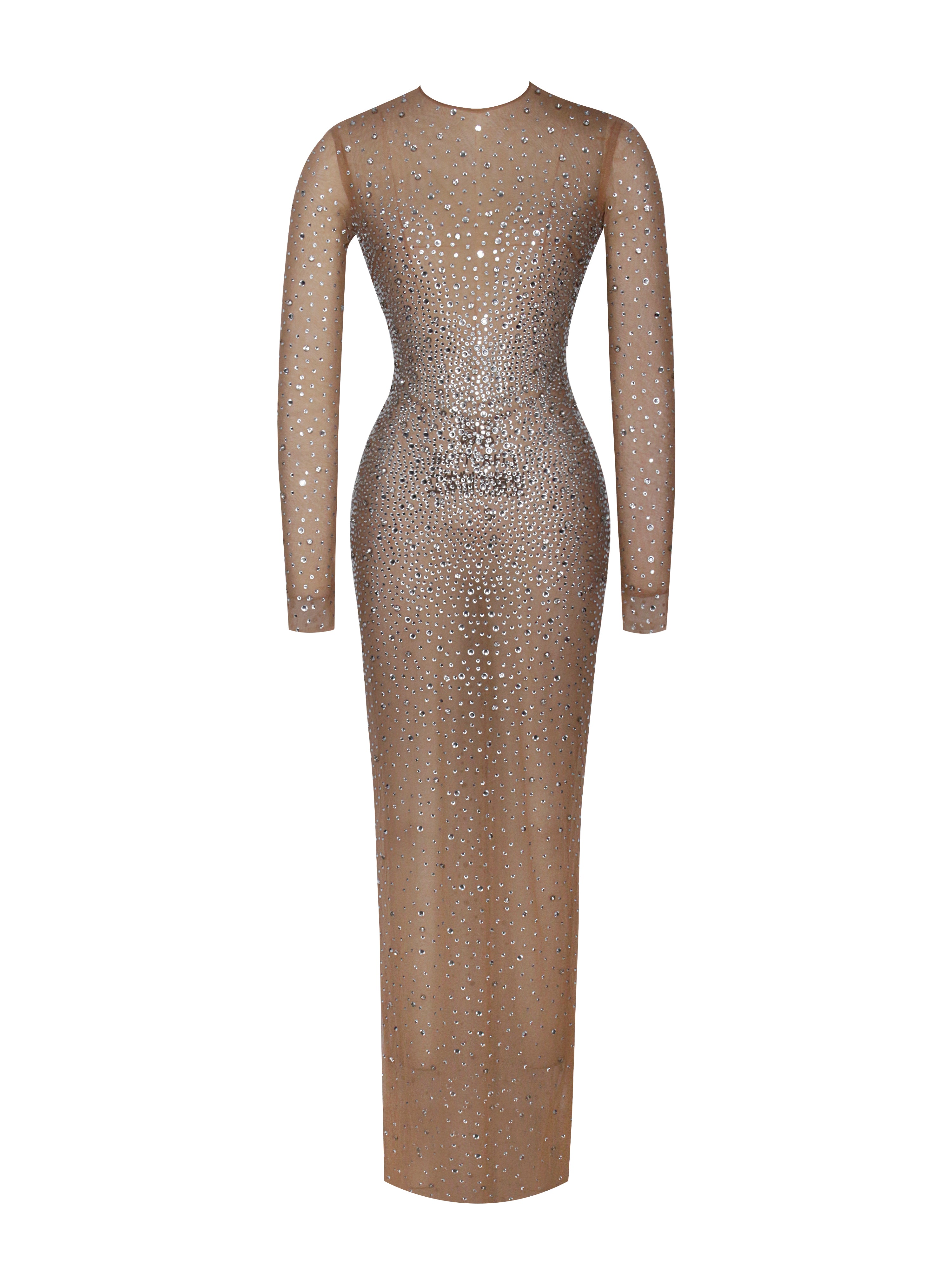 Isabel Crystal Embellished Mesh Long Sleeve Maxi Dress