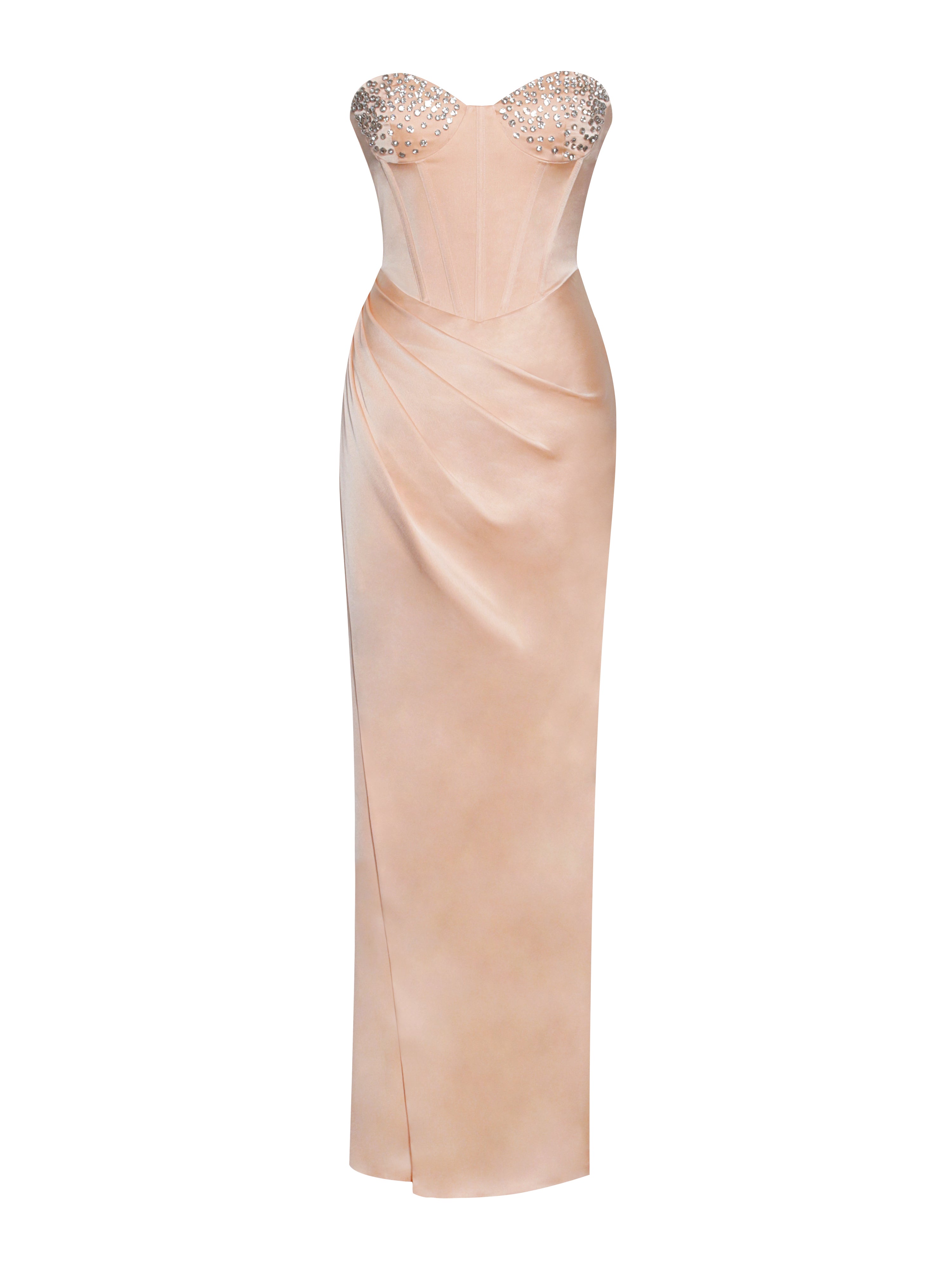 Amelia Blush Satin Corset Slit Gown With Crystal Embellished