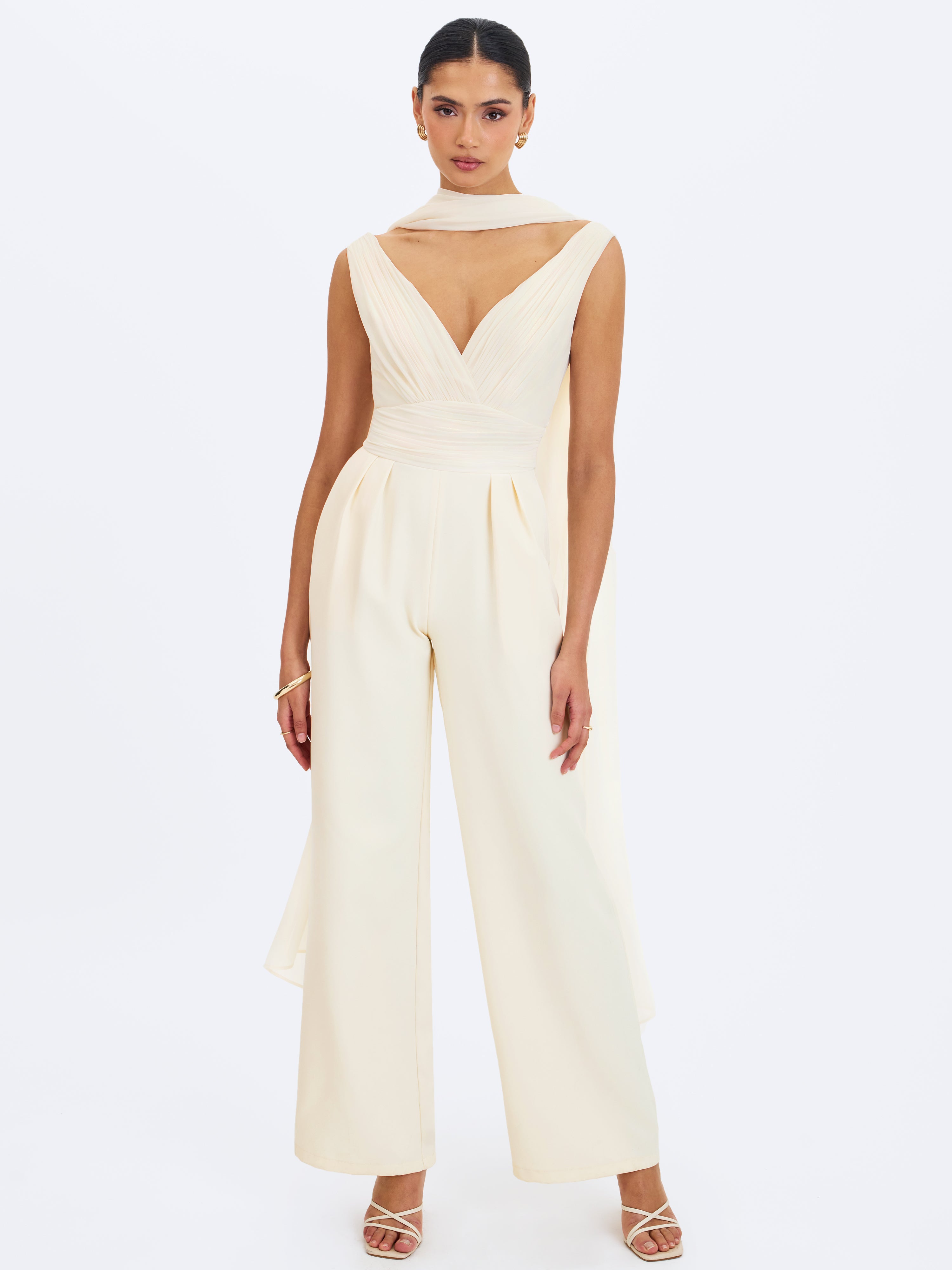 Harper Ivory Ruched V-Neck Jumpsuit with Scarf