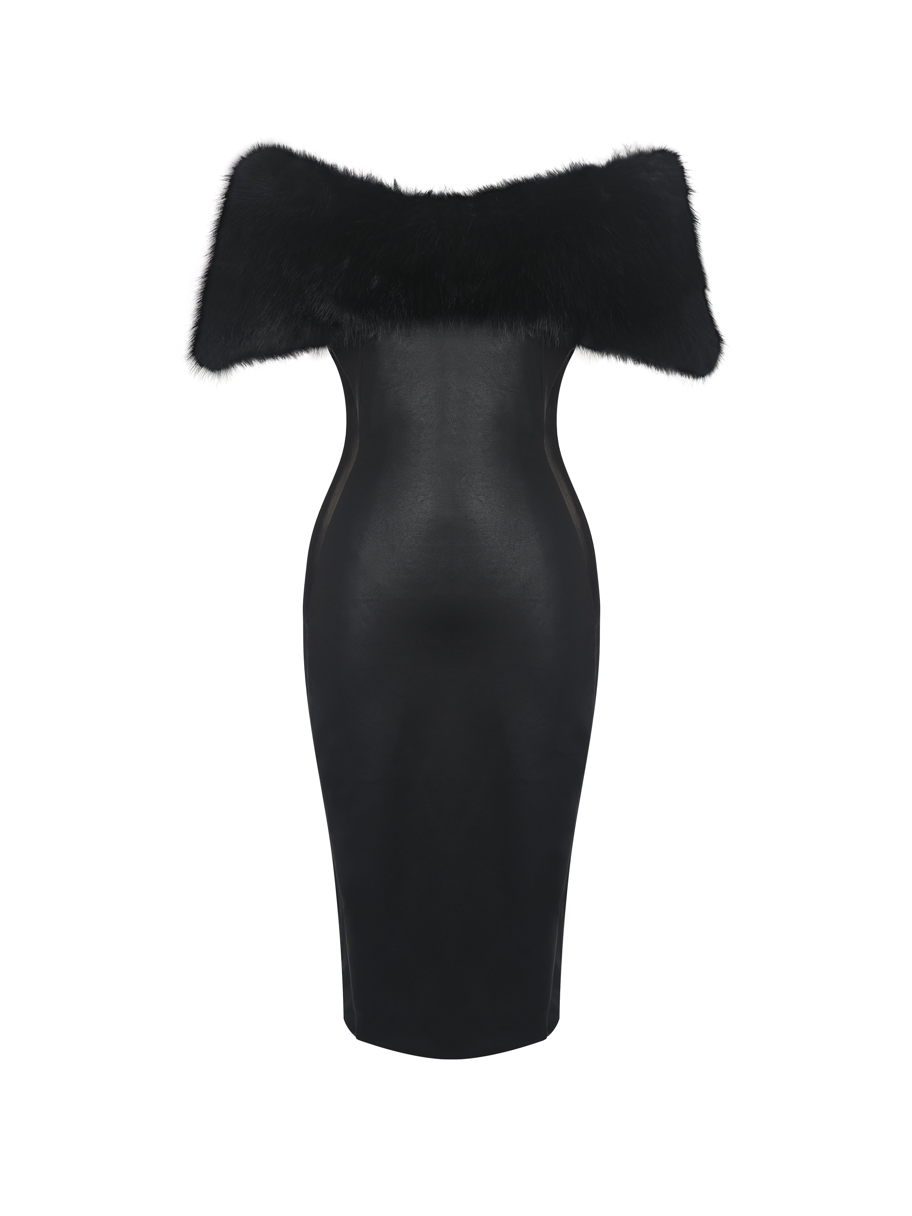 Bellis Black Fur Trim Mesh Panel Off-Shoulder Midi Dress