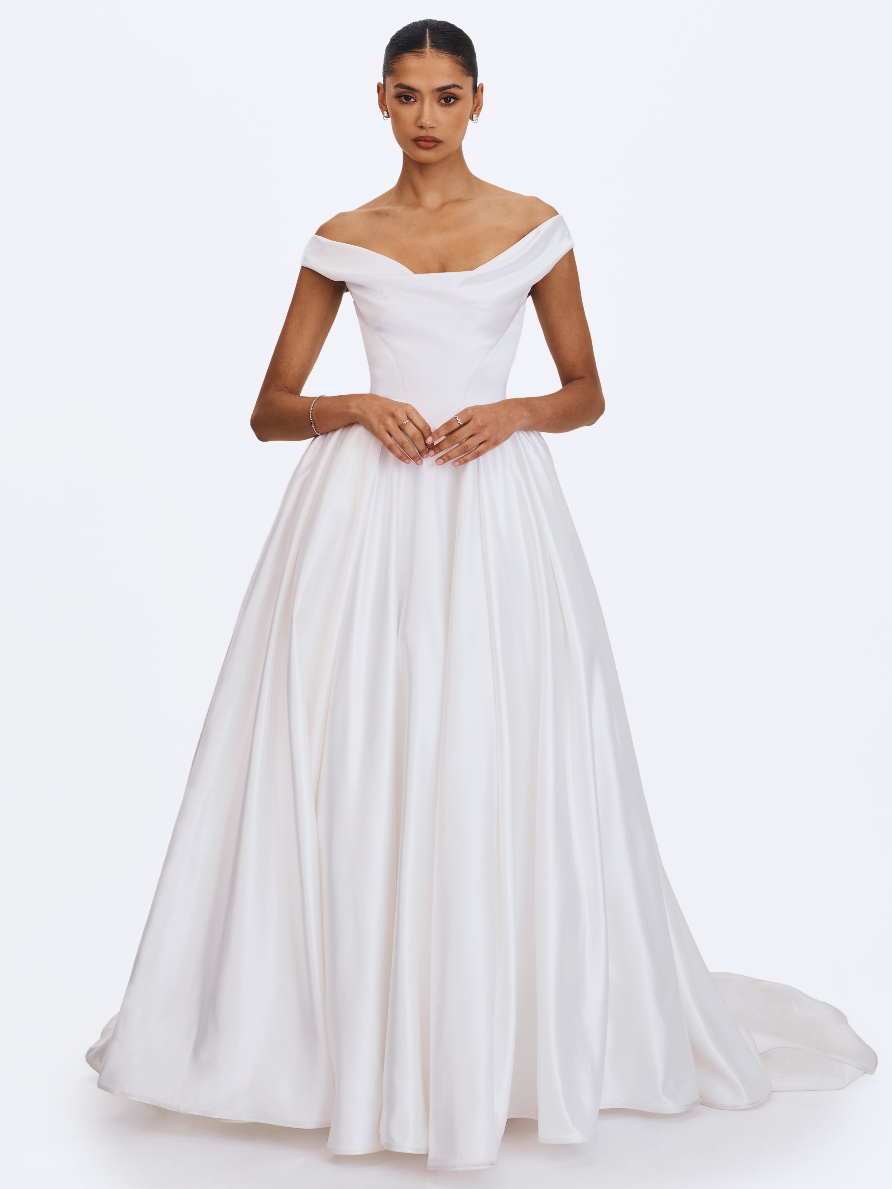 Unna White Satin Bardot Cowl Wedding Gown (PREORDER)