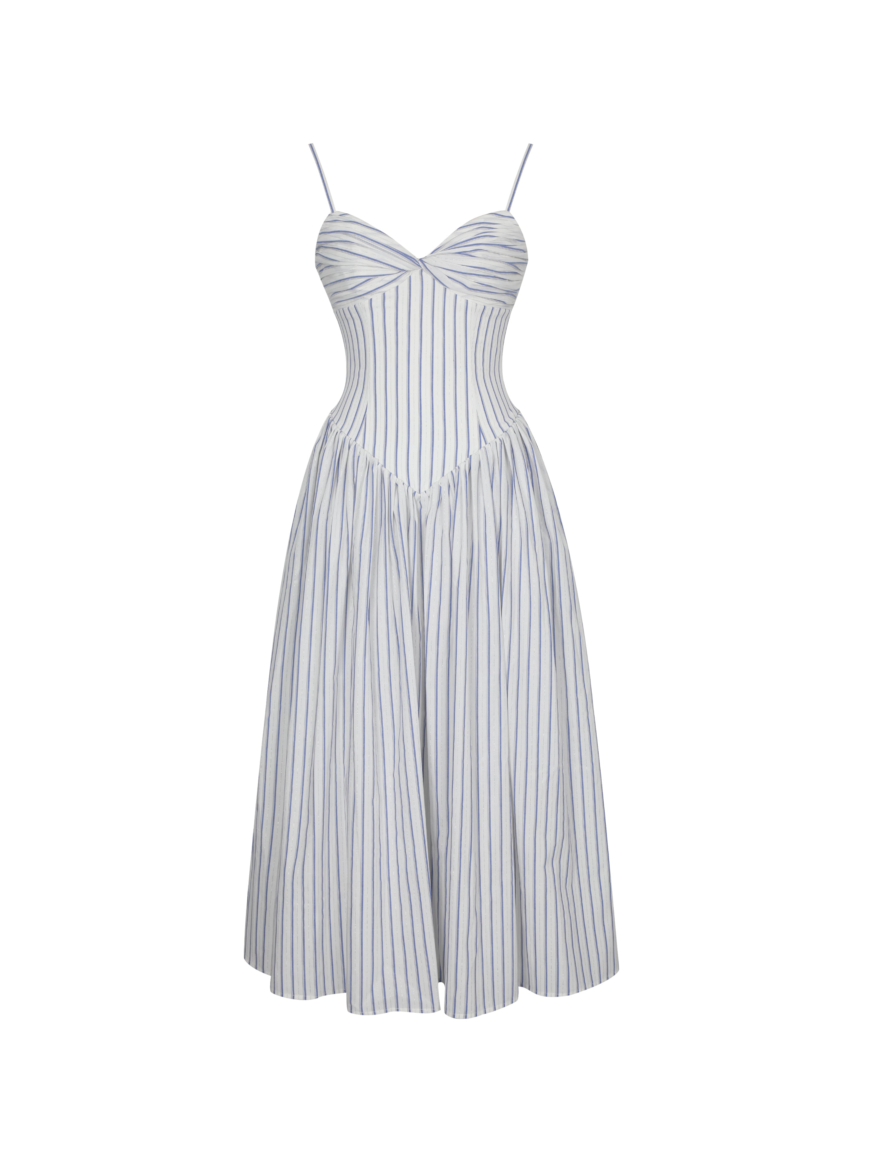 Olea Sky Blue Striped Cotton Poplin Ruched Midi Dress