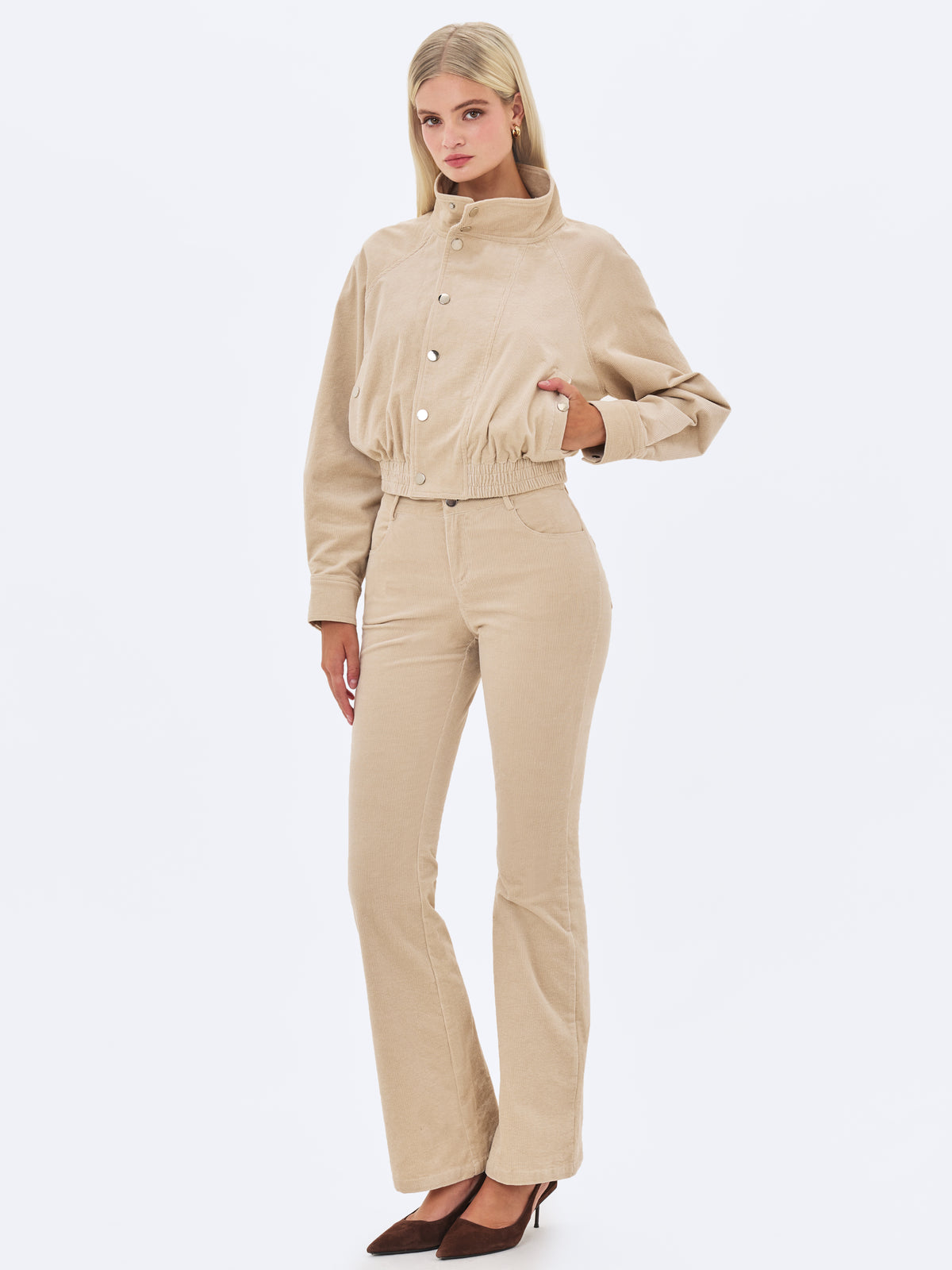 Romilly Beige Cotton Corduroy Funnel Collar Jacket