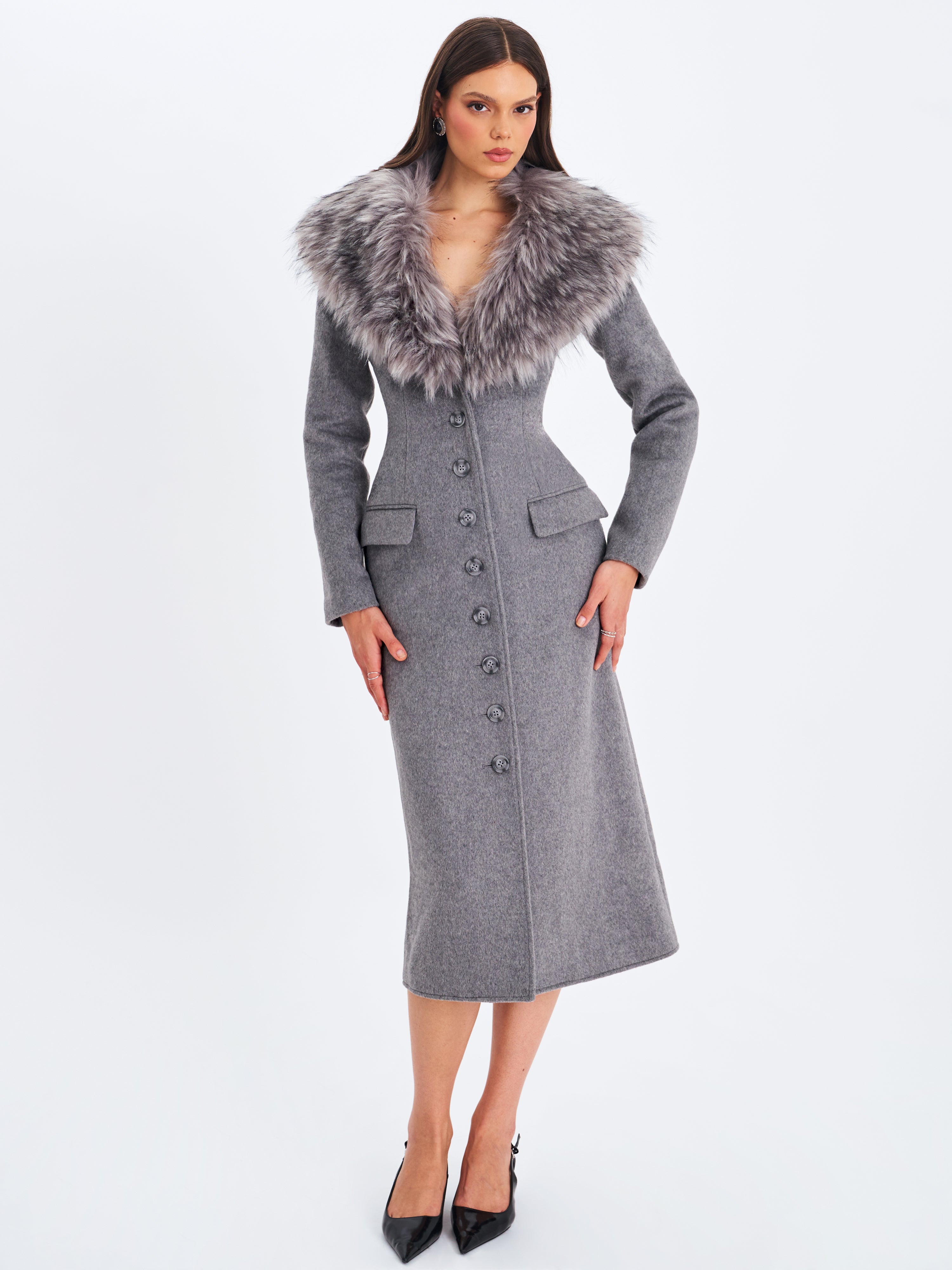 Faye Grey Wool Blend Single-Breasted Coat with Removable Faux Fur Collar