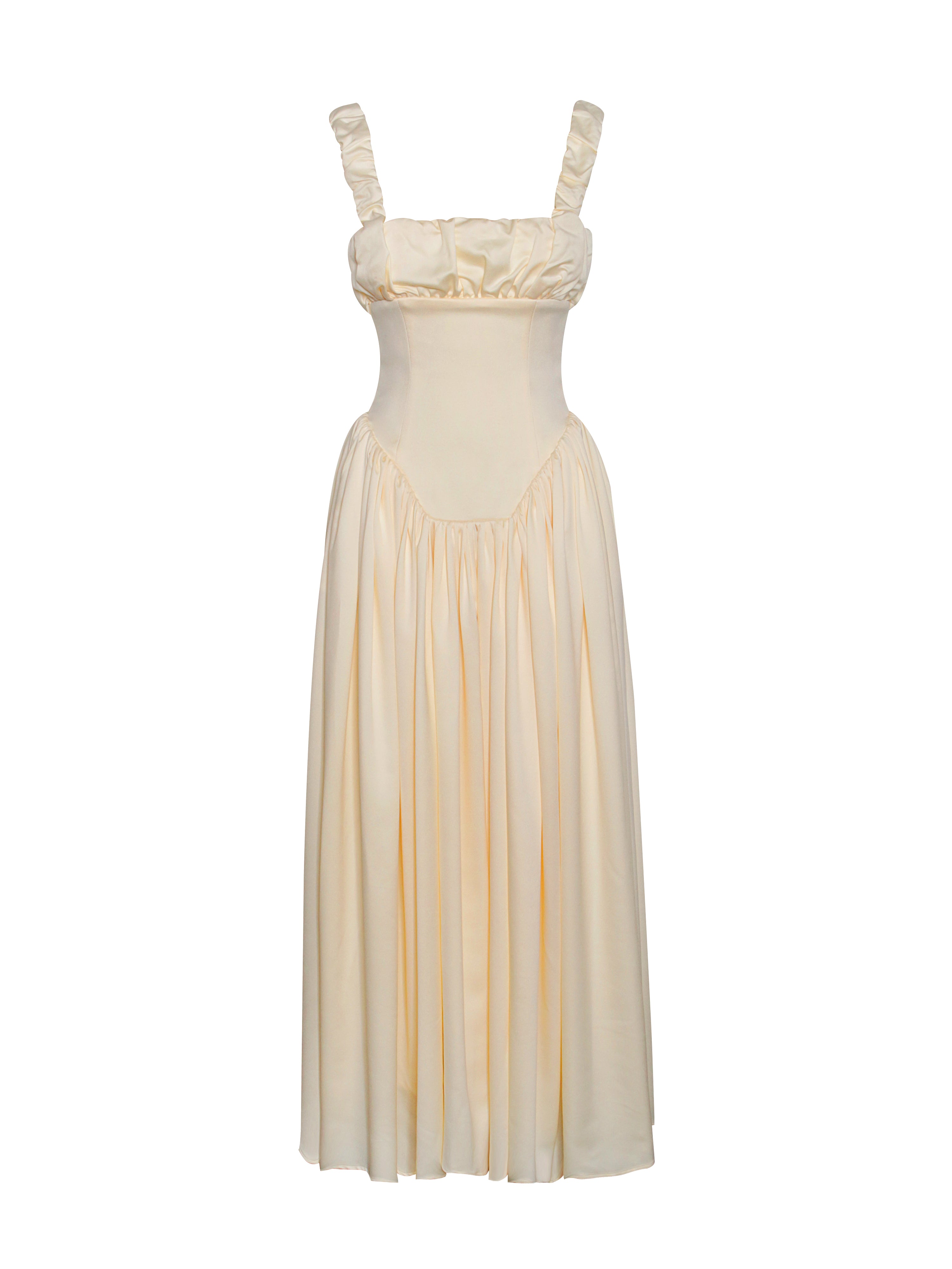 Noreen Egg White Satin Drop Waist Maxi Sundress