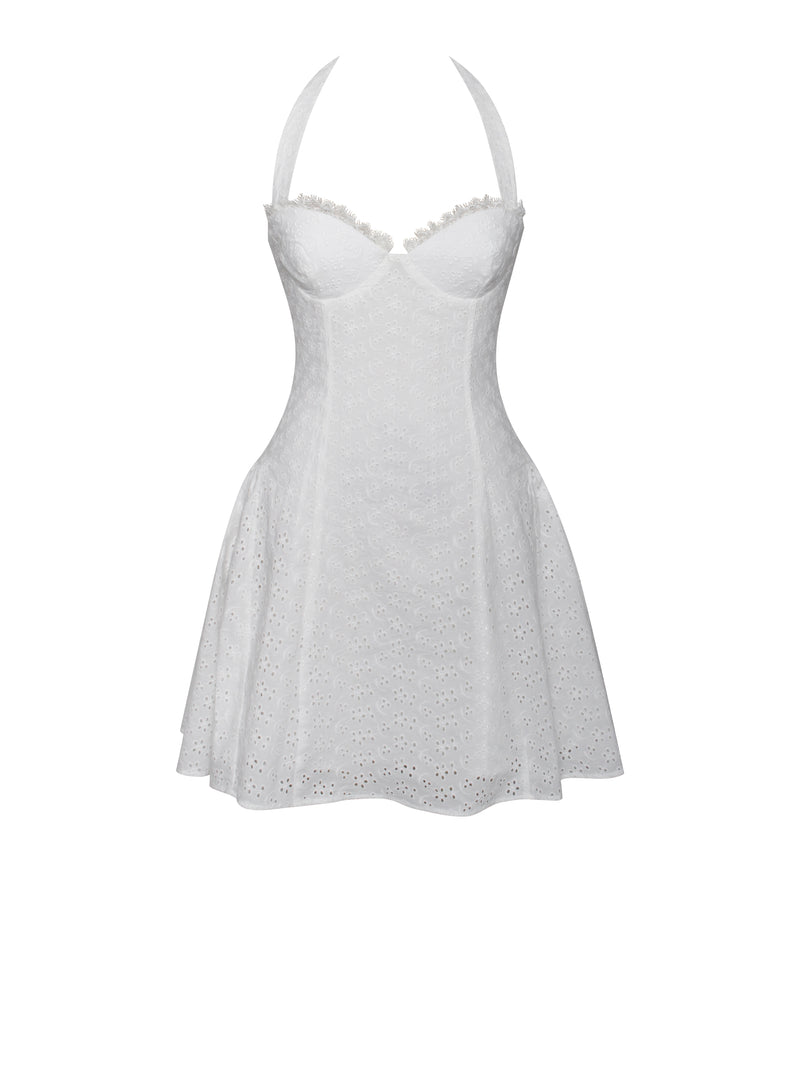 Johana White Eyelet Halter Mini Dress