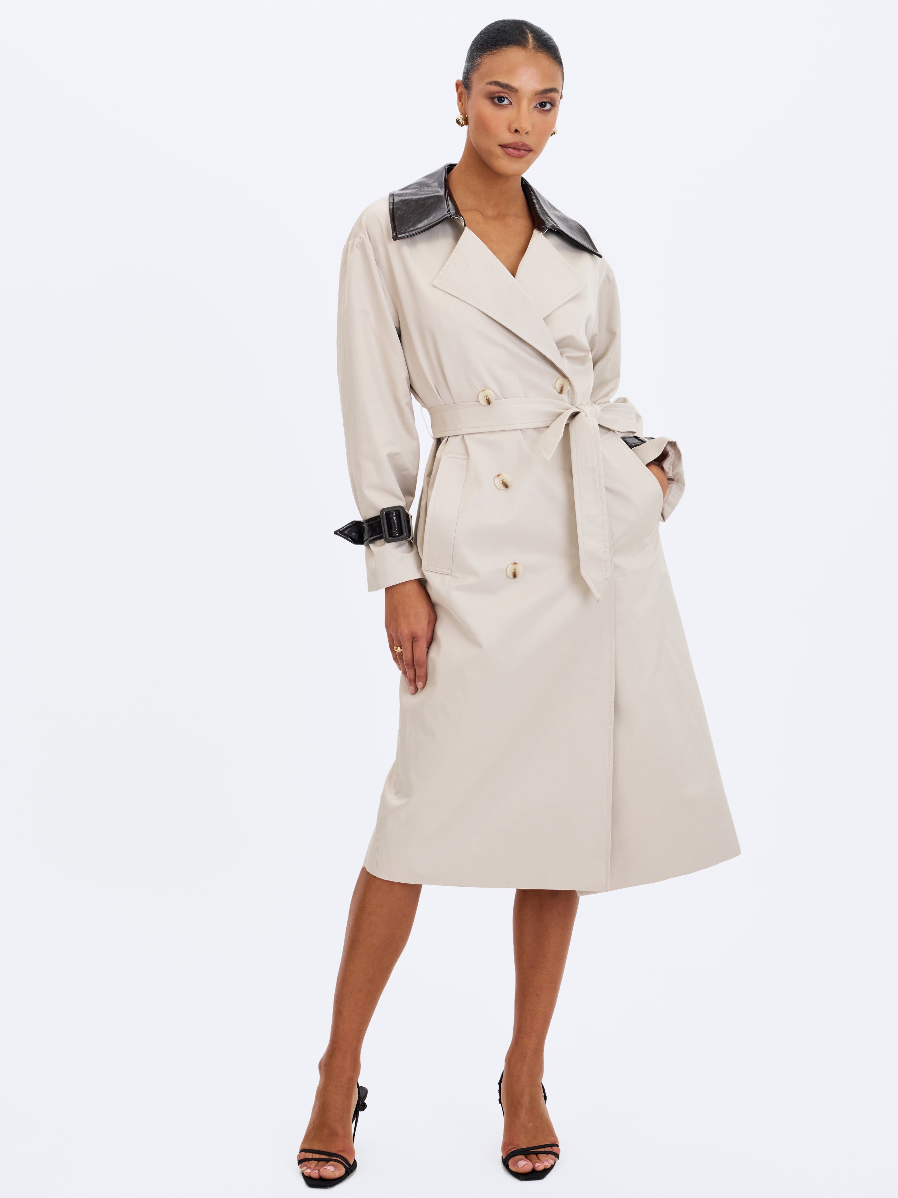 Umber Oyster Double-Breasted Faux Leather Lapel Trench Coat