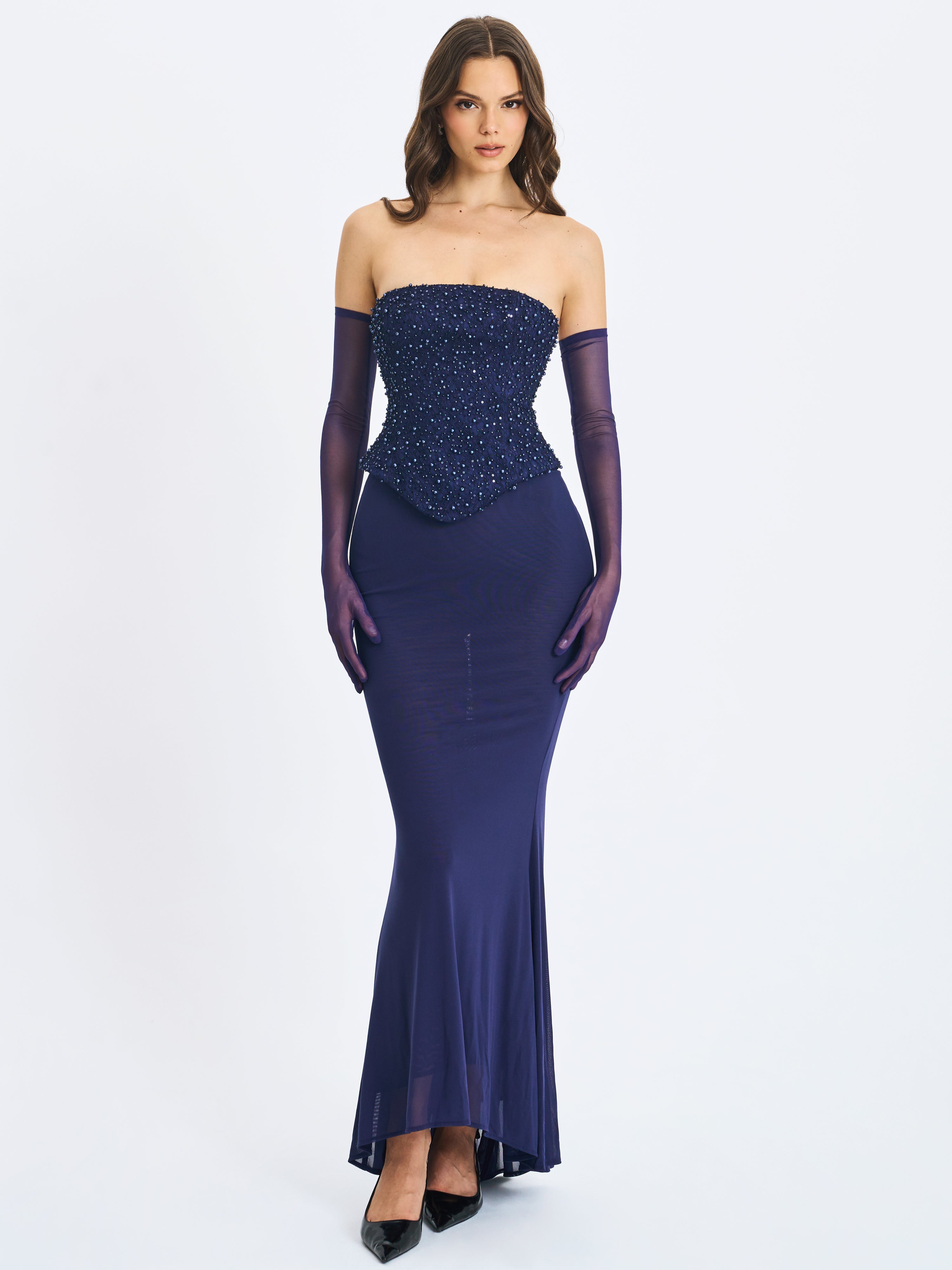 Orabelle Navy Beaded Peplum Mermaid Gown with Lace-up Back