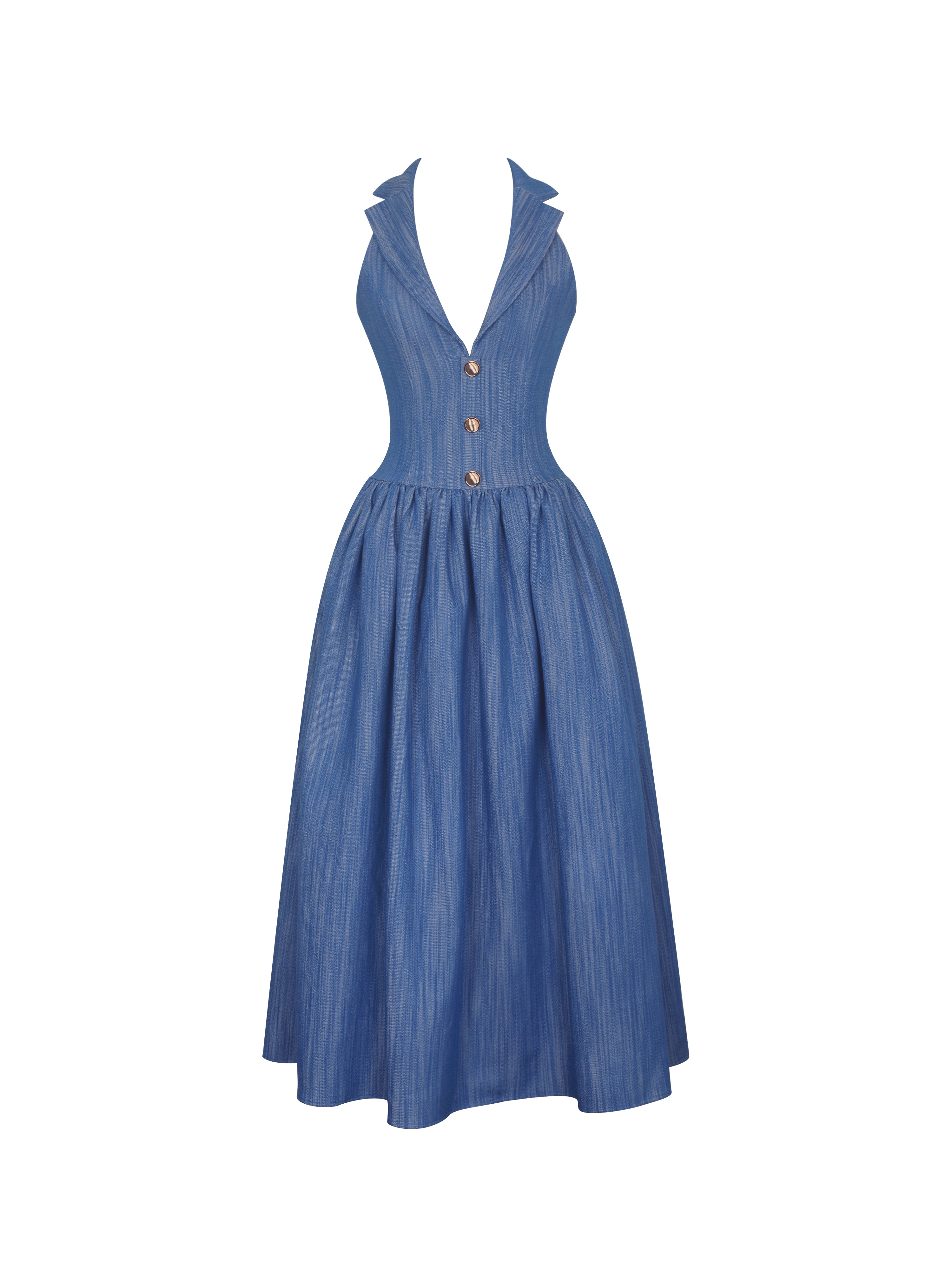 Xyan Navy Denim Lapel Halter A-Line Midi Dress