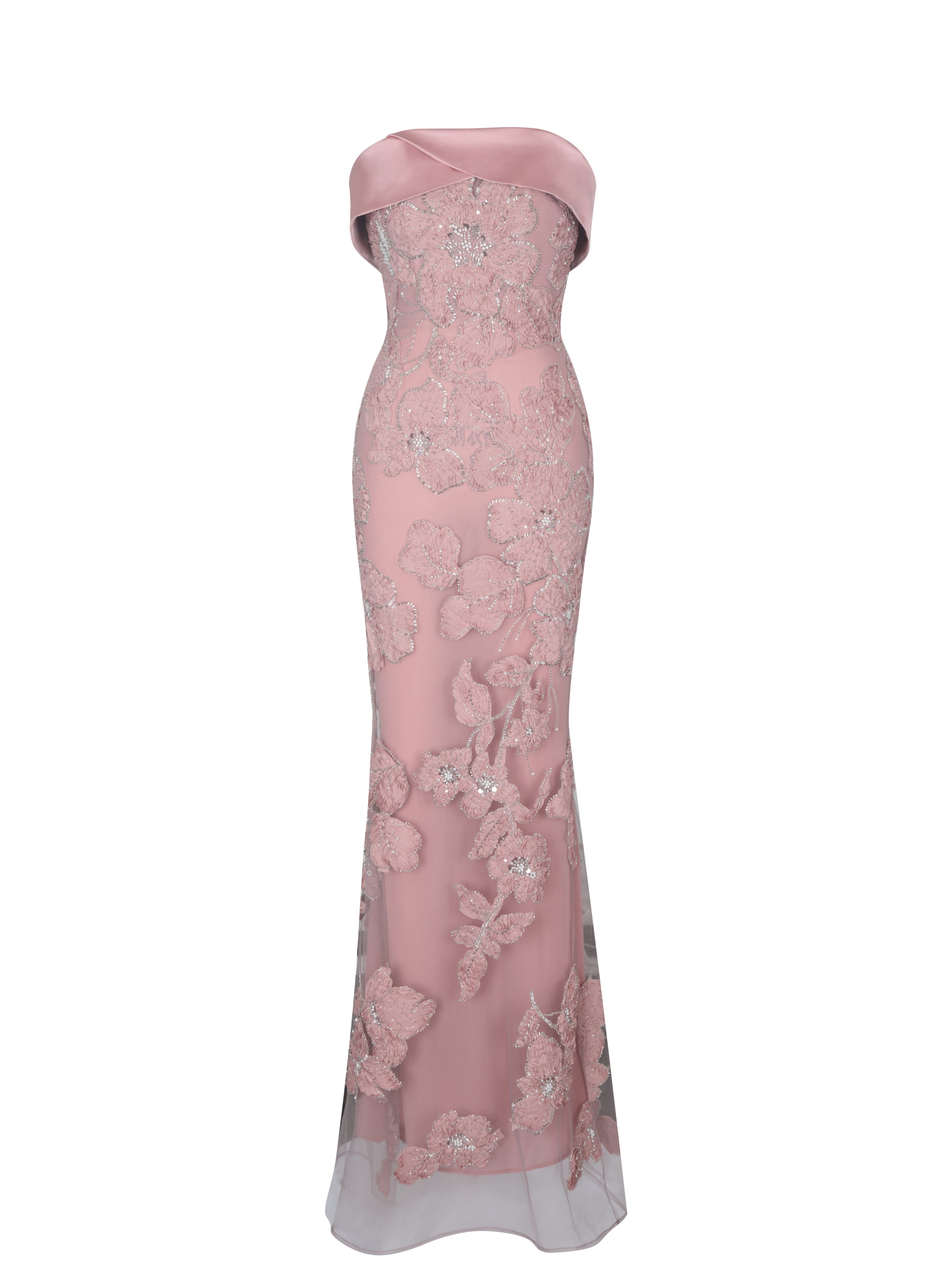 Raphaela Dusty Pink Beaded Floral Strapless Mermaid Maxi Dress