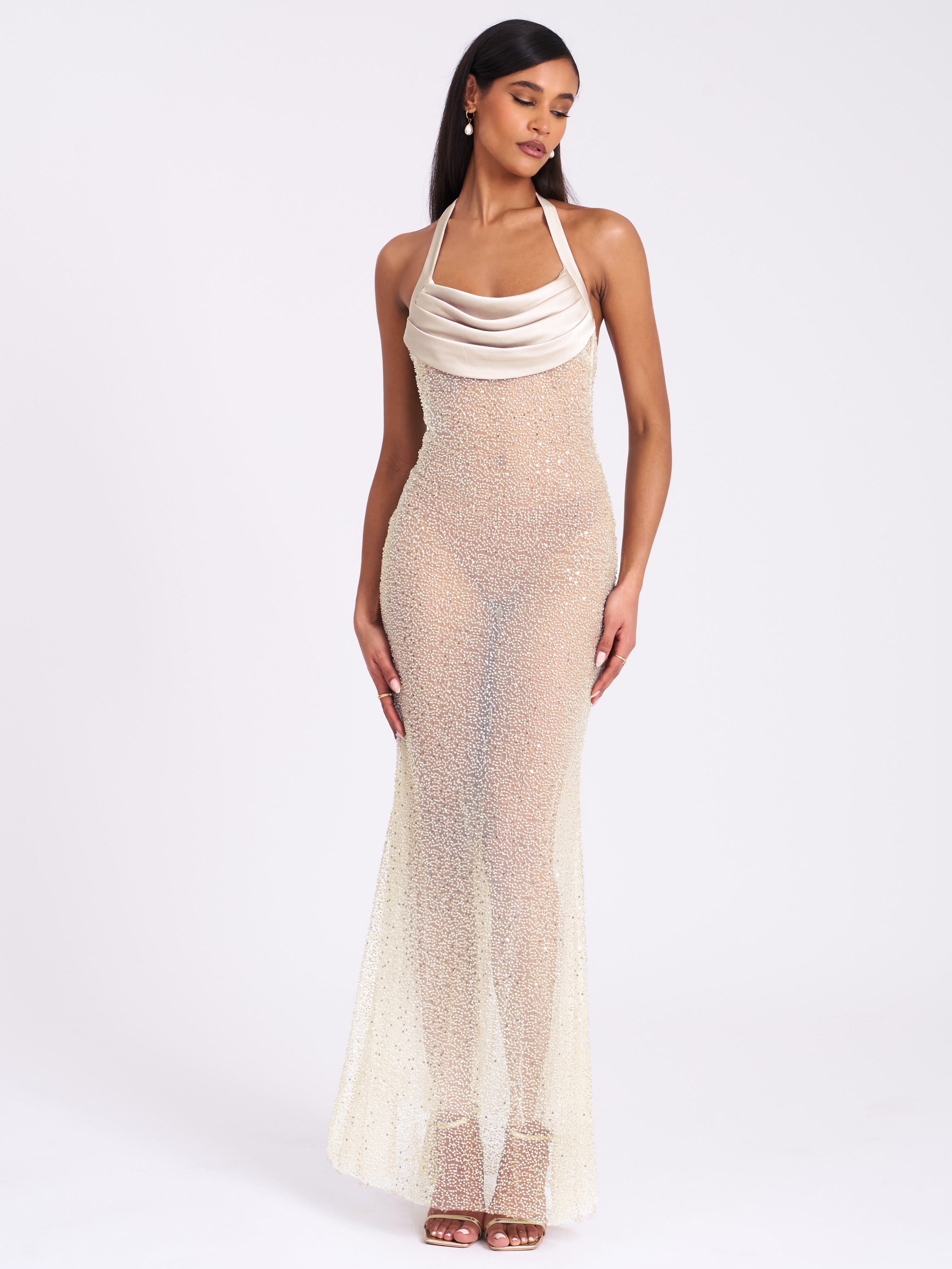 Zahya Lime Halter Backless Beaded Mesh Gown