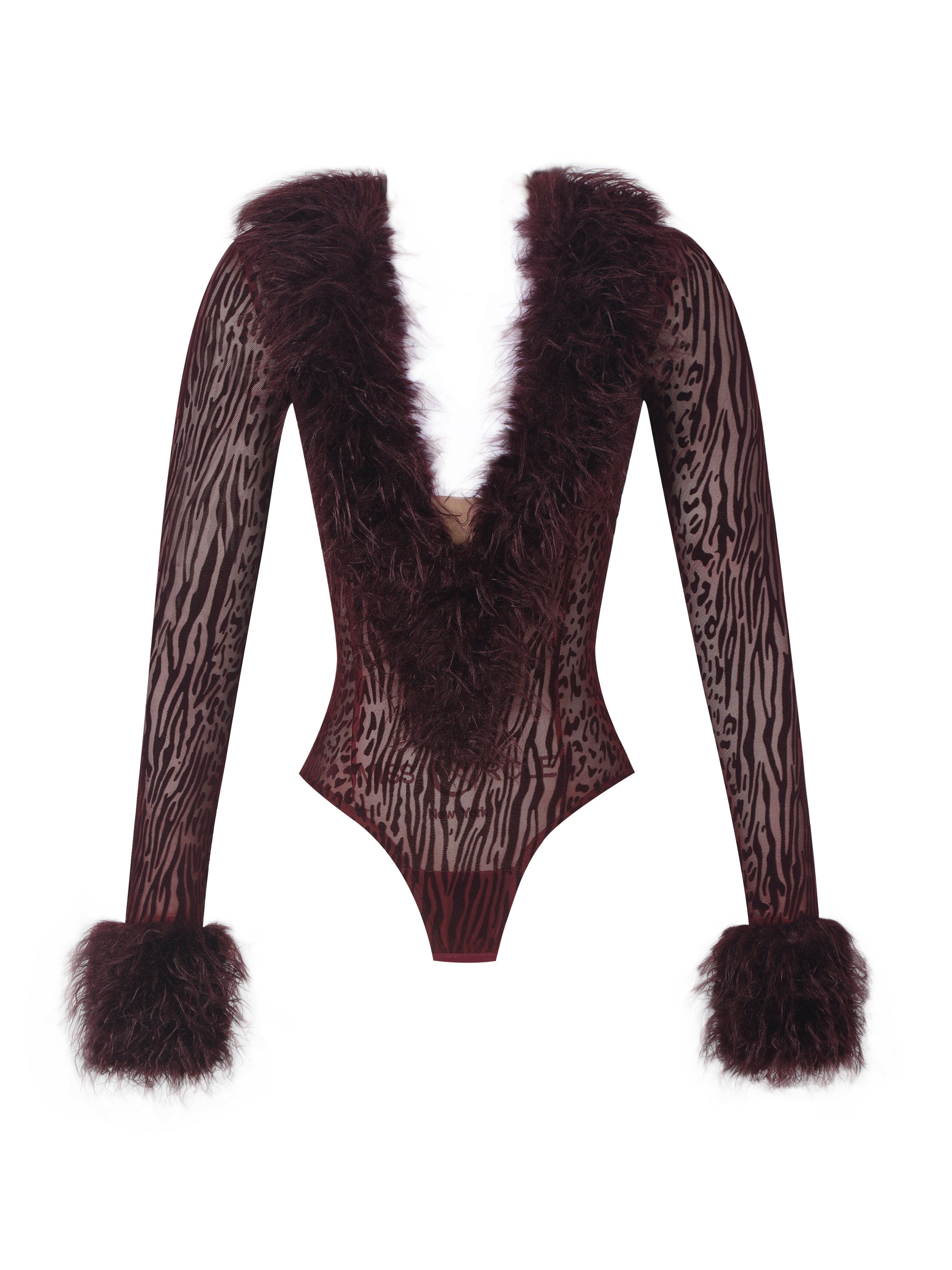 Valene Burgundy Burnout Velvet Fur-Trim Bodysuit