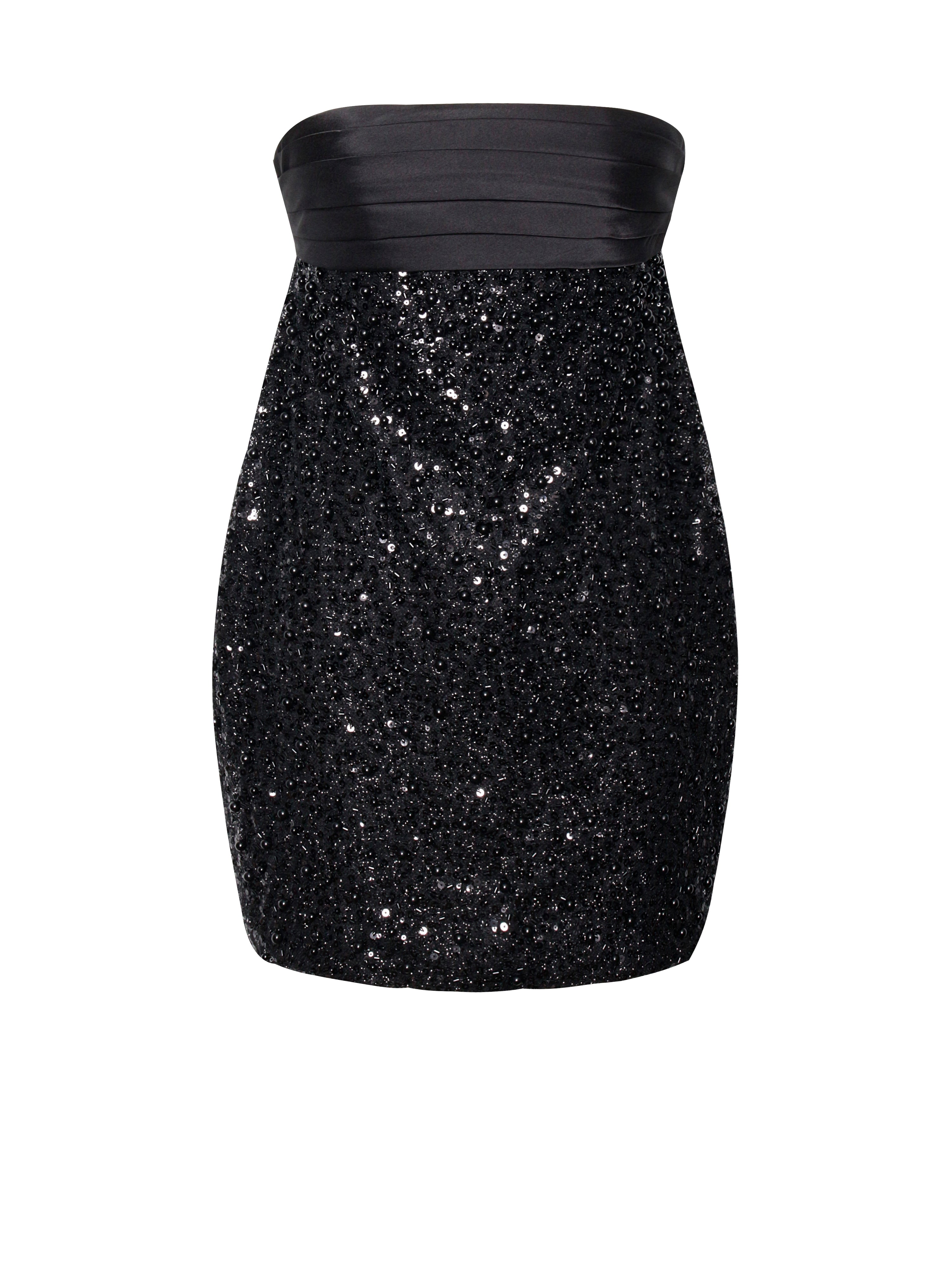 Felina Black Satin Sequin Pearls Beaded Mini Dress