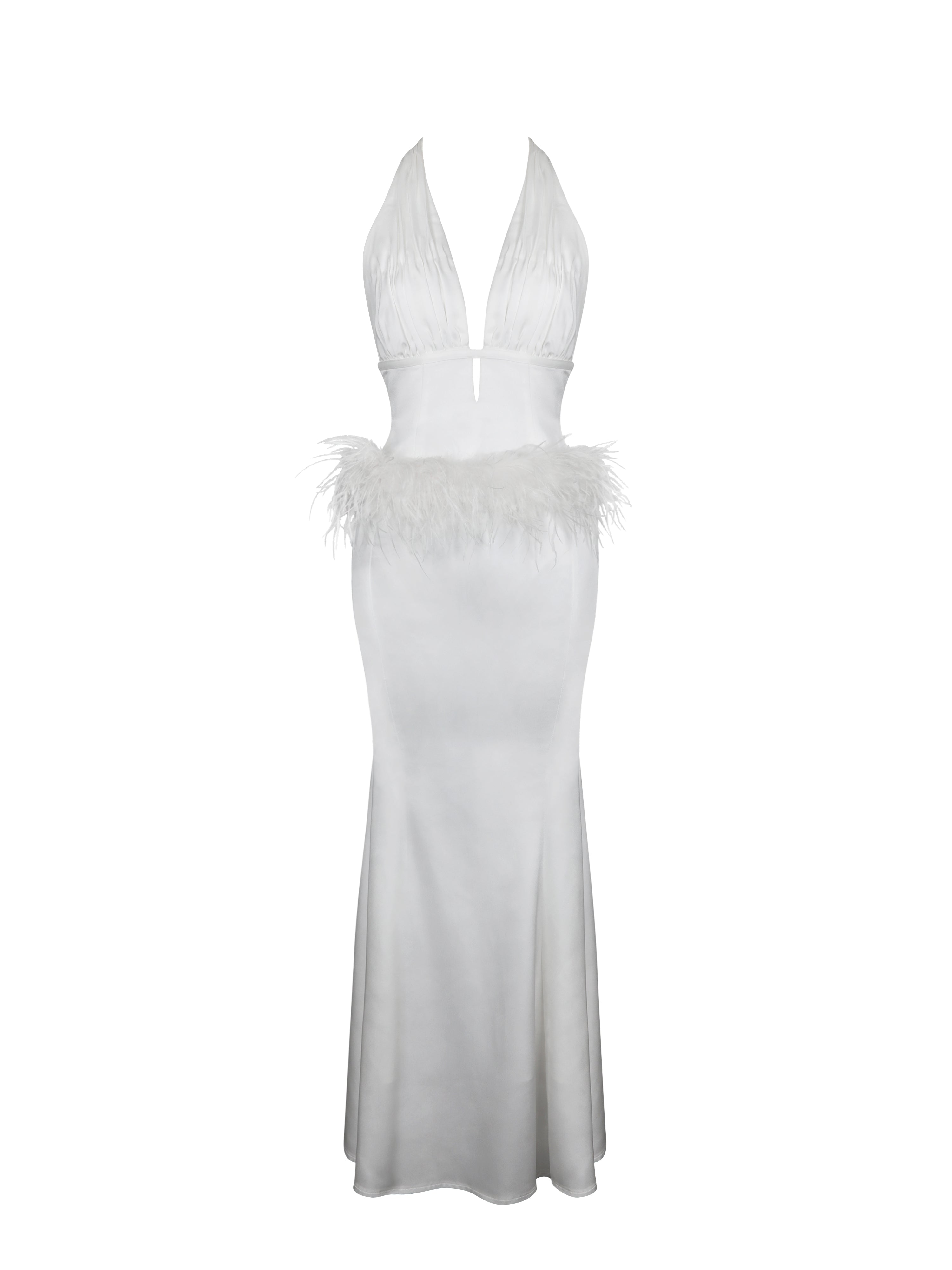 Solene Pleated Halter Backless Feather-Trim Maxi Dress