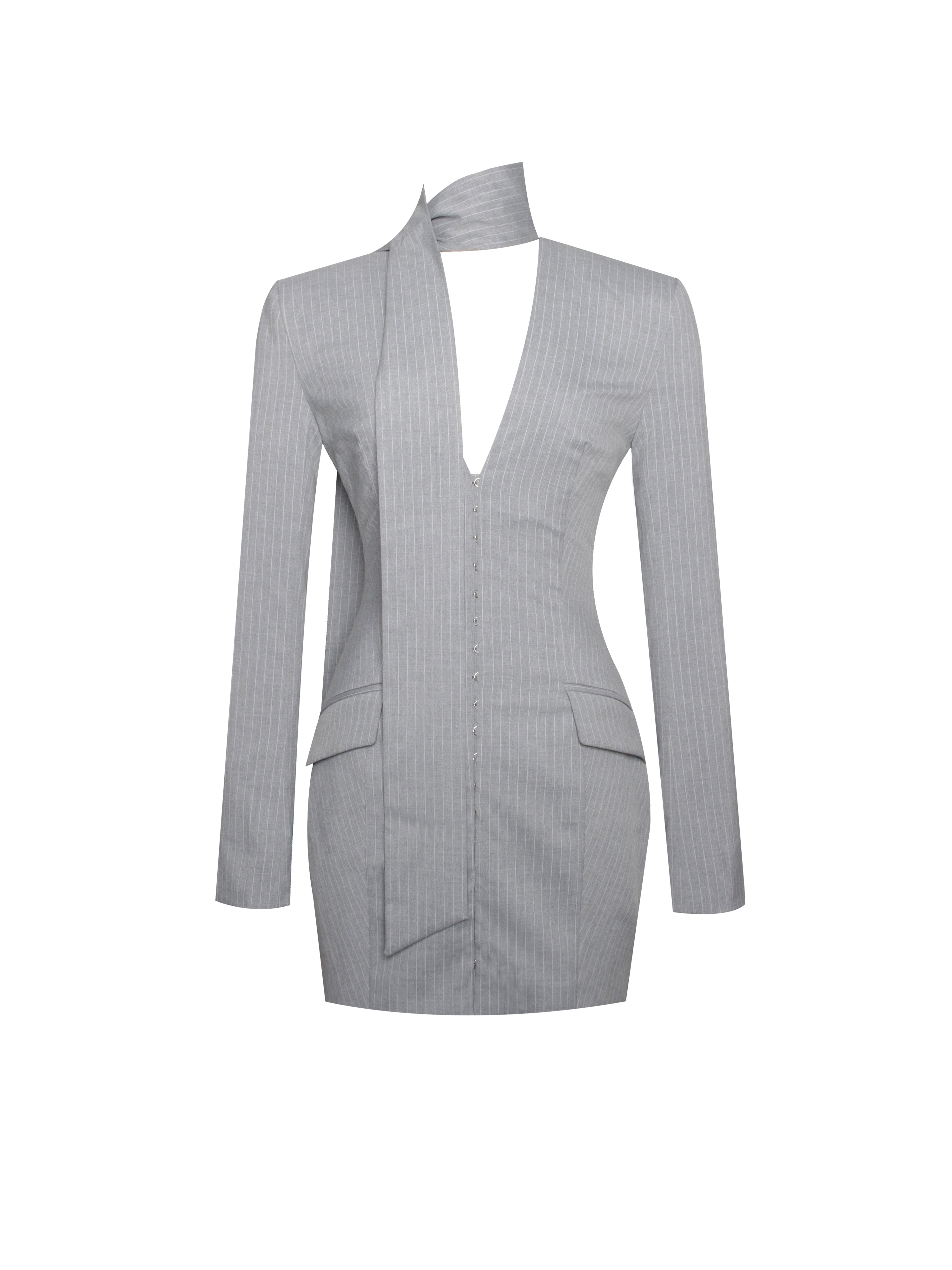 Tahlia Deep V Pinstripes Gray Blazer Dress with scarf collar