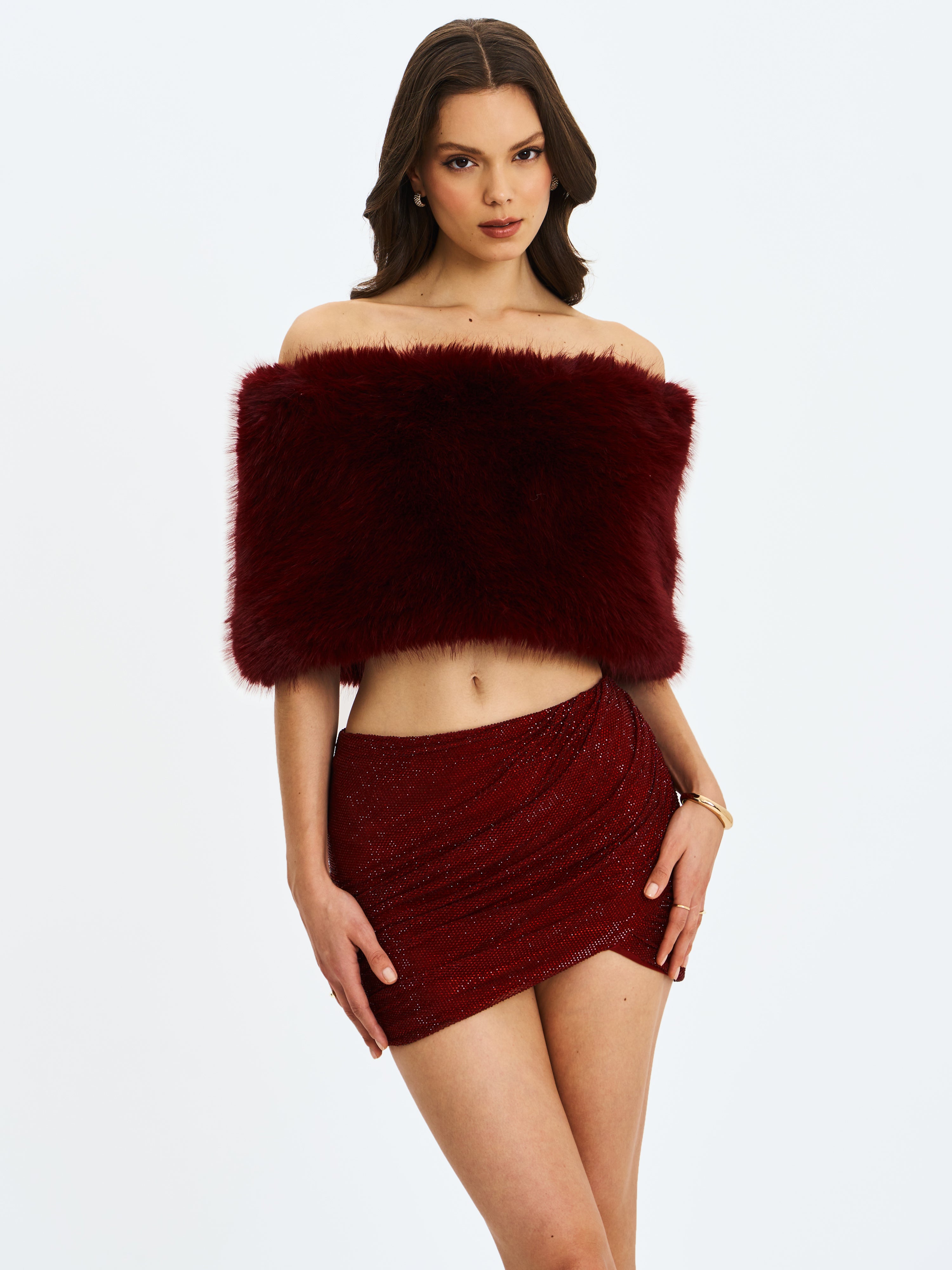 Darla Burgundy Faux Fur Off-Shoulder Cropped Top
