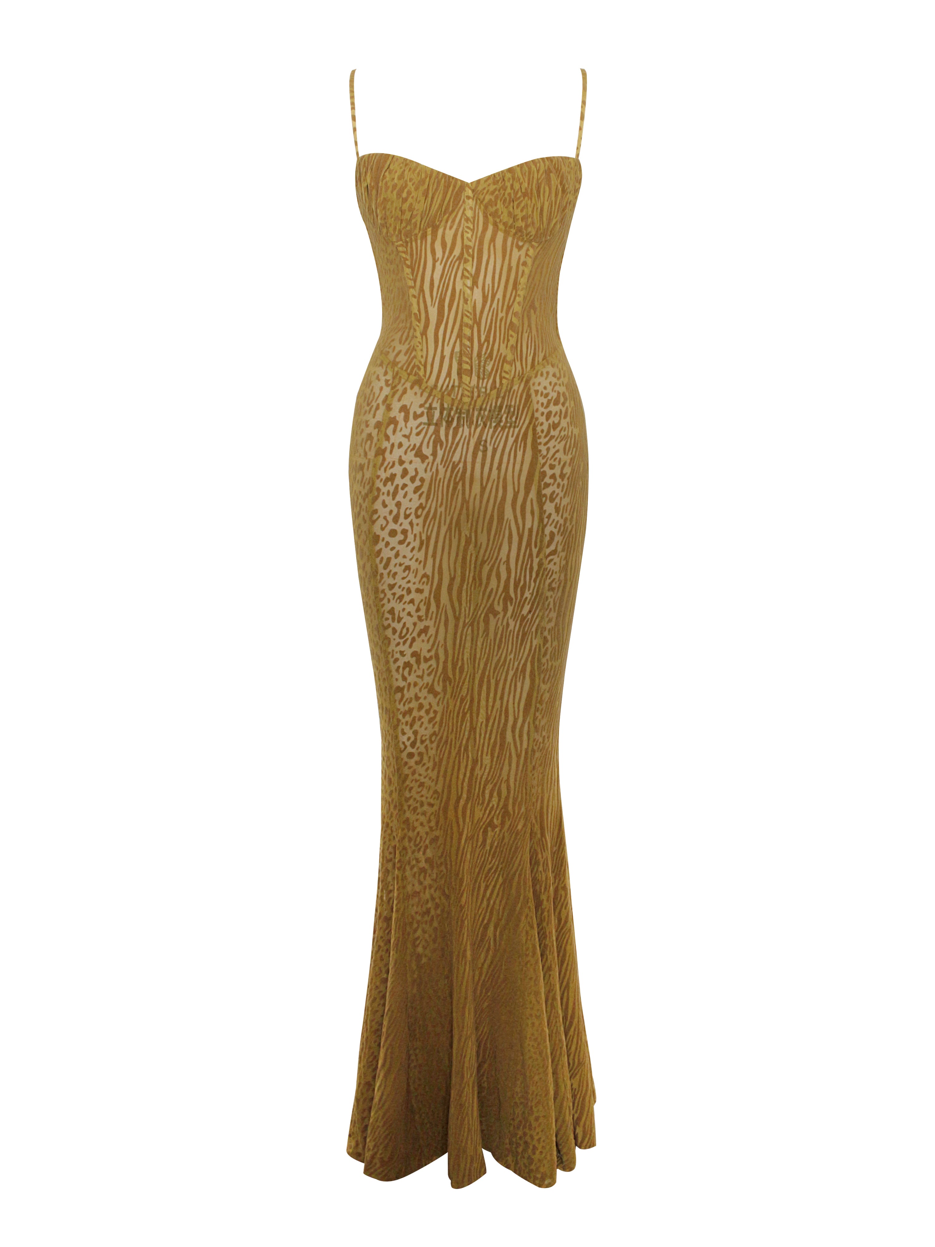 Ulani Gold Burnout Velvet Detail Mesh Maxi Dress