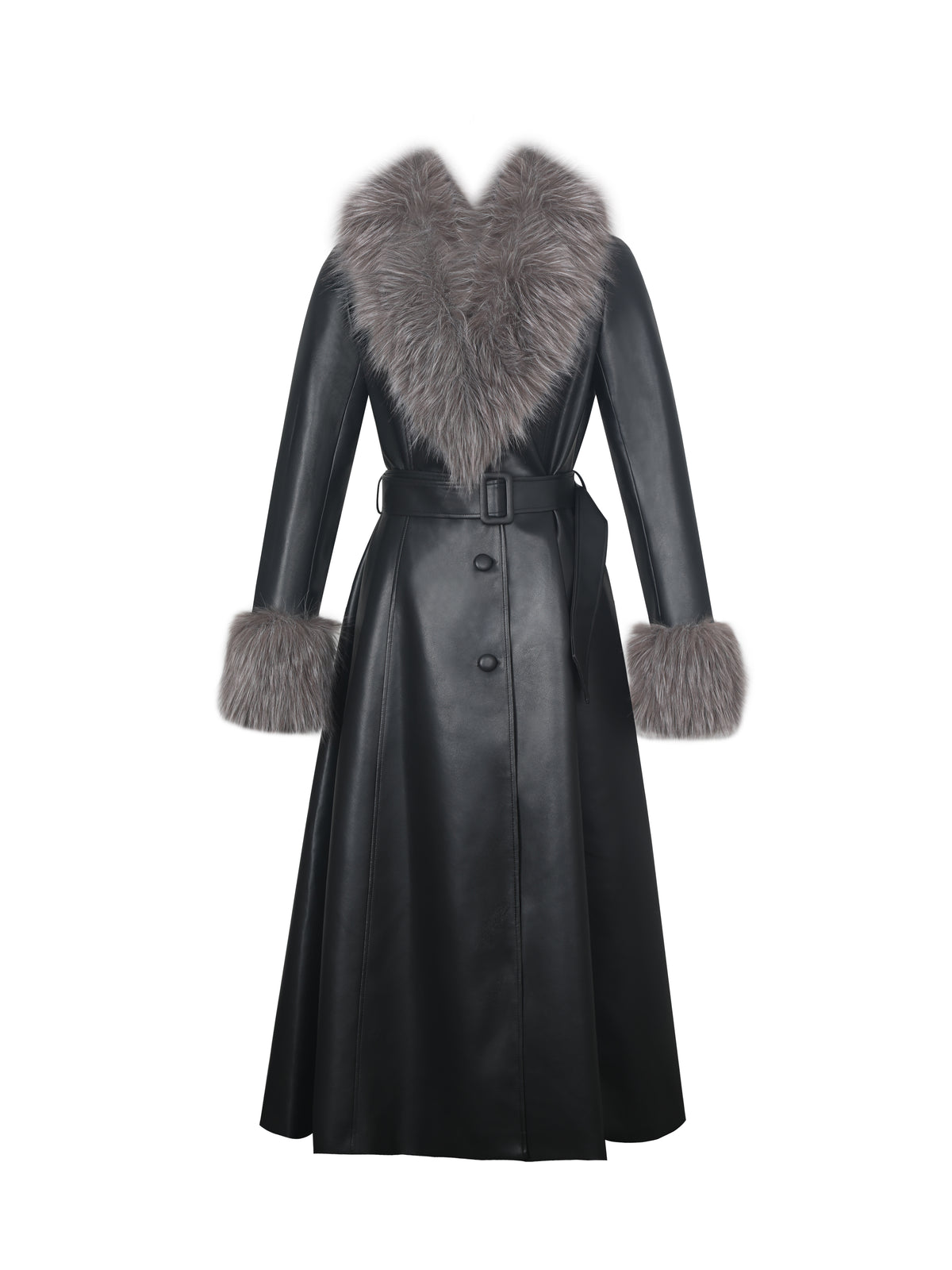 Nico Black Faux Leather Fur-Trimmed Belted A-Line Midi Coat