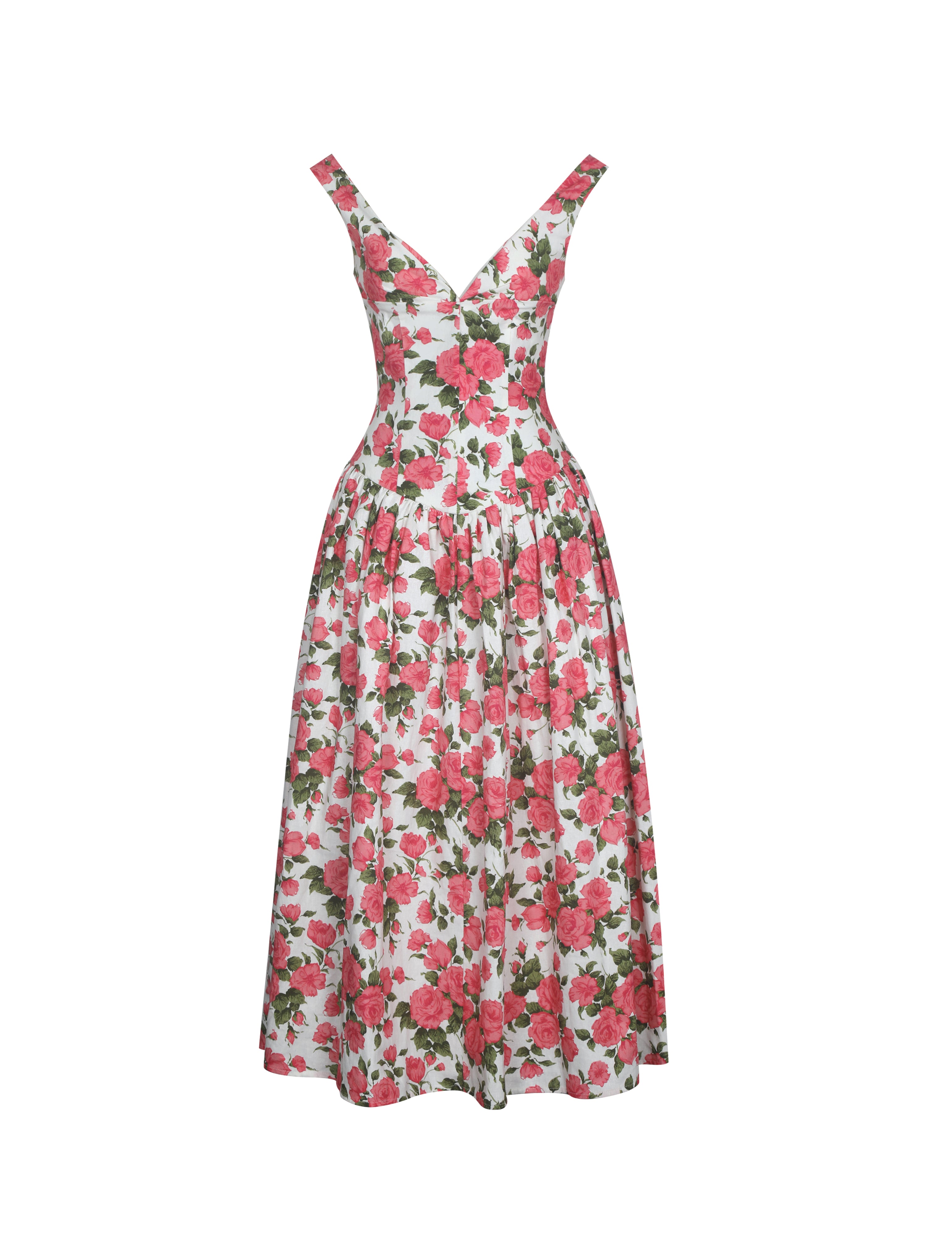 Wilfreda Blooming Pink Floral Linen Sweetheart Midi Dress