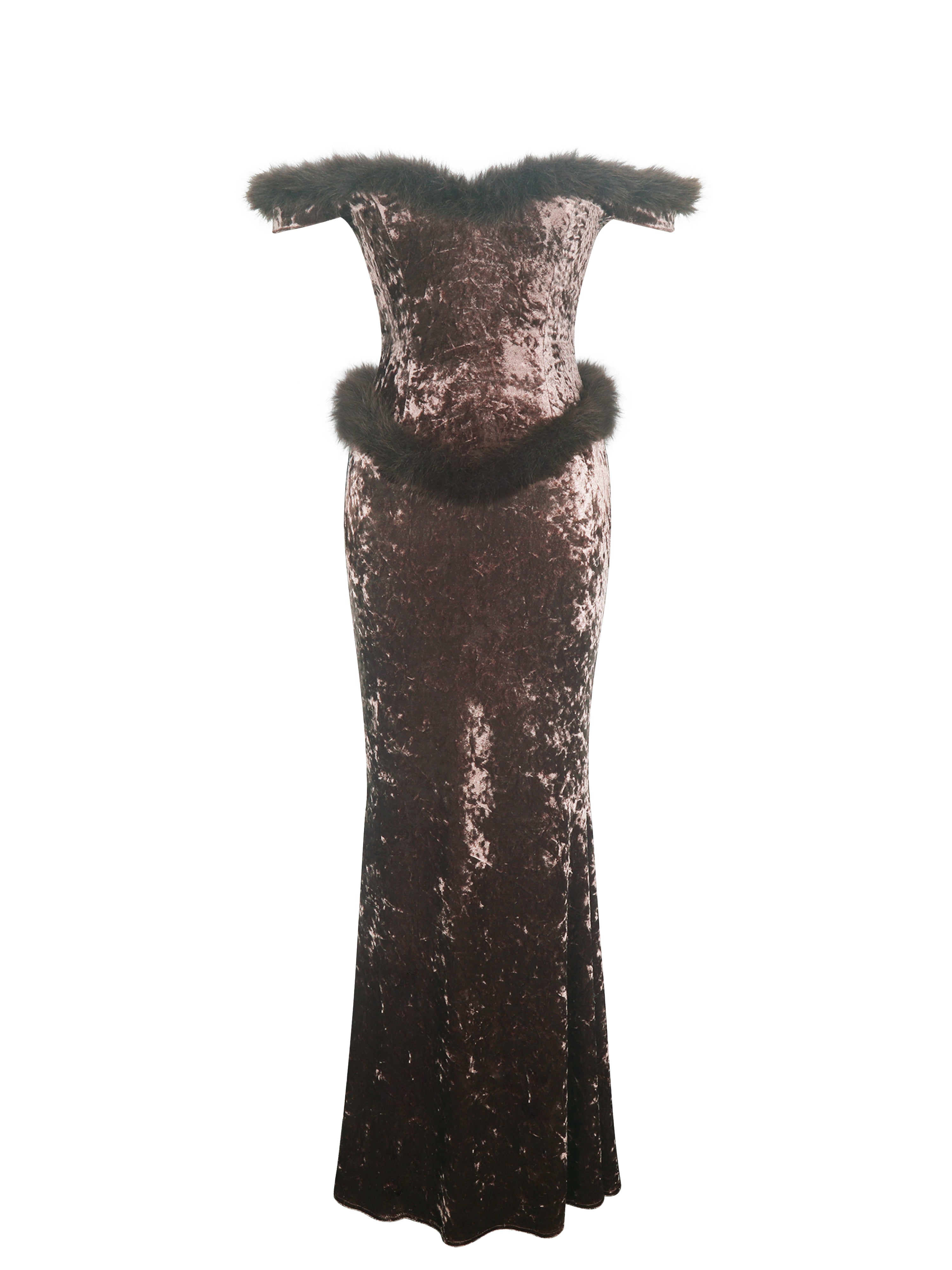 Tessa Coffee Sweetheart Bardot Faux Fur Velvet Mermaid Maxi Dress