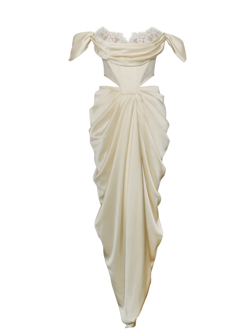 Umbrielle Pearl White Lace Satin Corset Off Shoulder Gown
