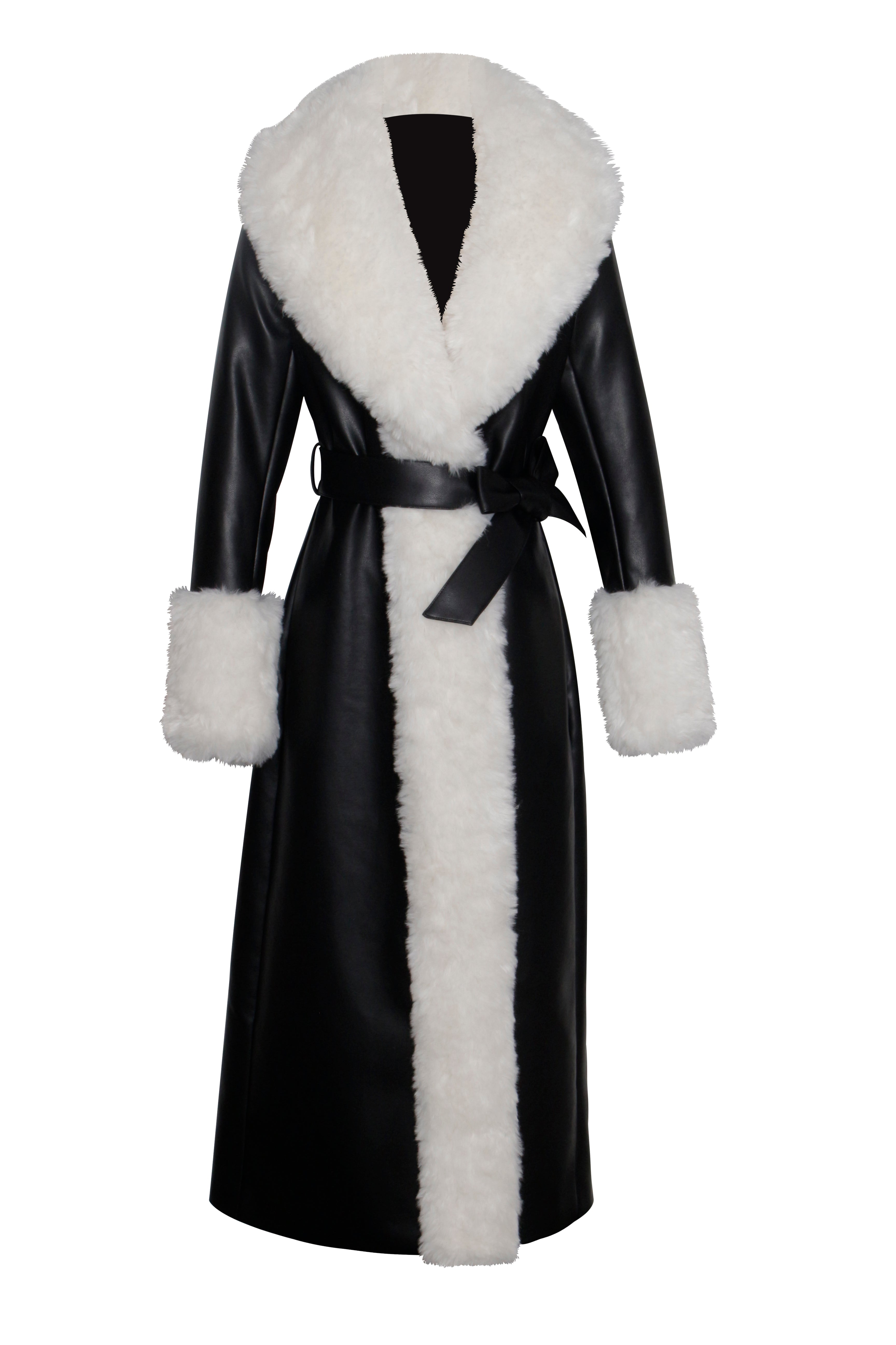 Zaida White Vegan Fur Trim Black Vegan Leather Coat