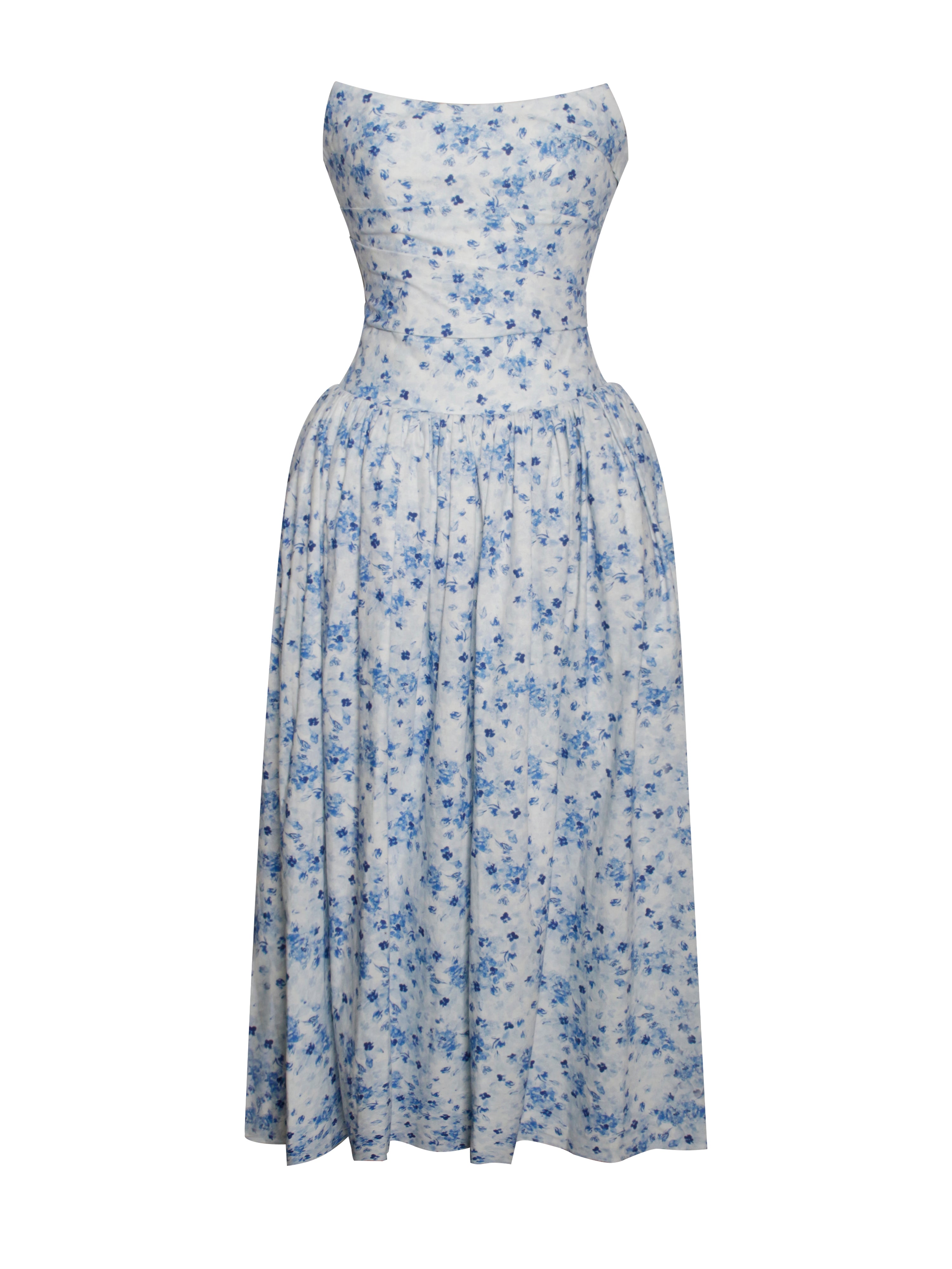 Paloma Blue Print Linen Corset Draping Top Midi Dress