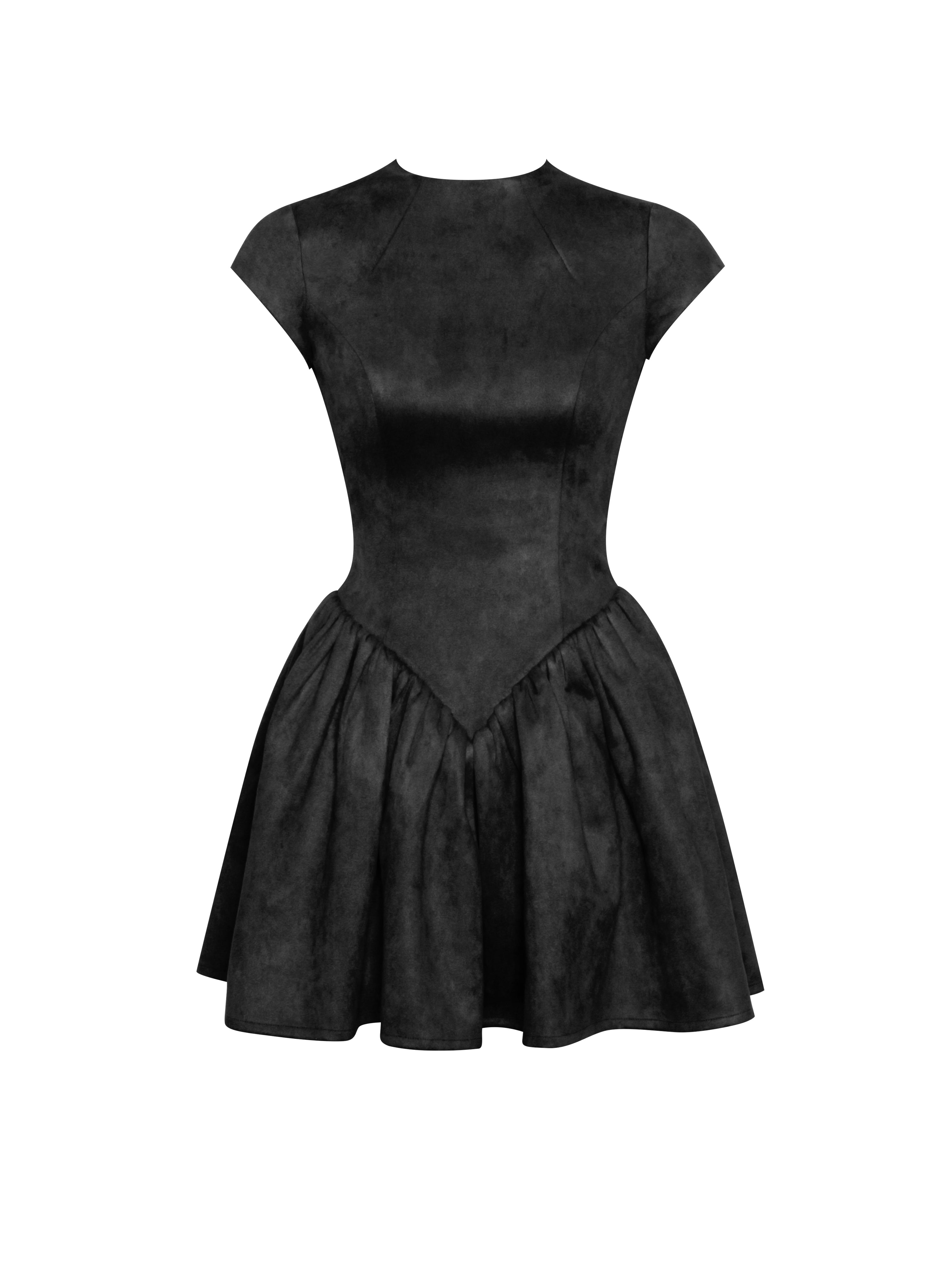 Jacqueline Backless Black Mini Puffy Suede Dress